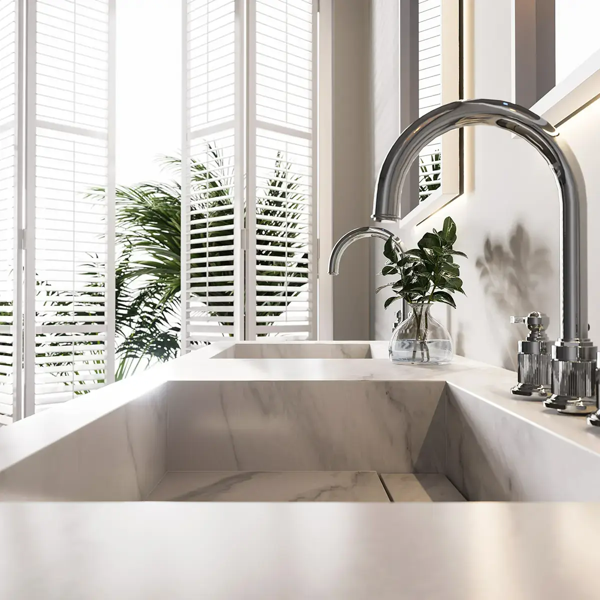 Ensemble double vasque, Pierre de synthèse Carrara mat 180cm – Riviera