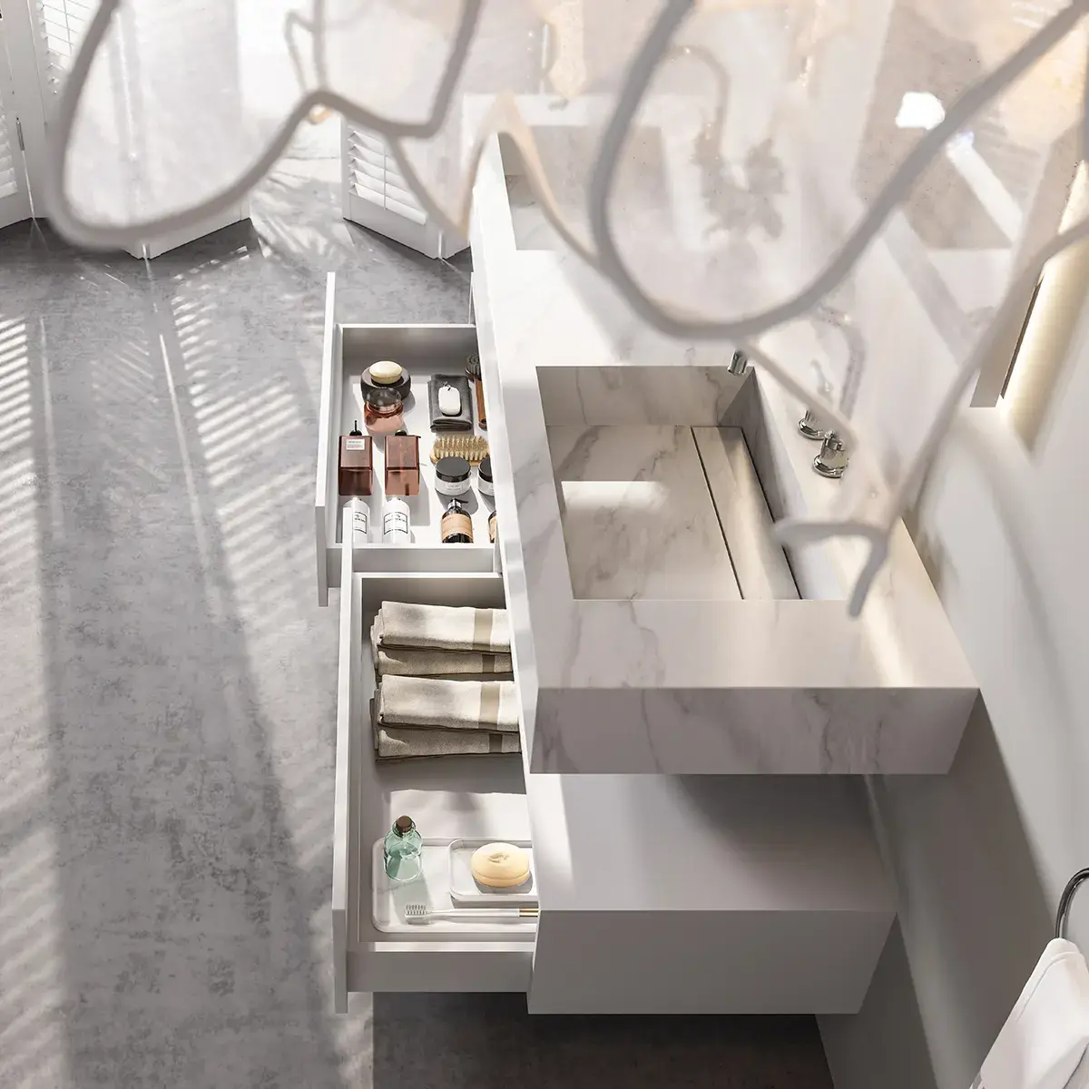 Ensemble double vasque, Pierre de synthèse Carrara mat 180cm – Riviera