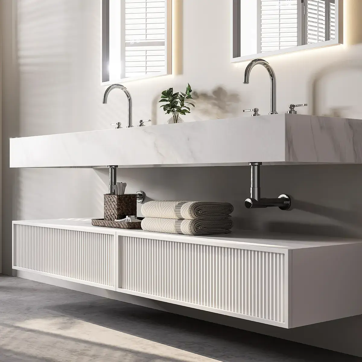 Ensemble double vasque, Pierre de synthèse Carrara mat 180cm – Riviera