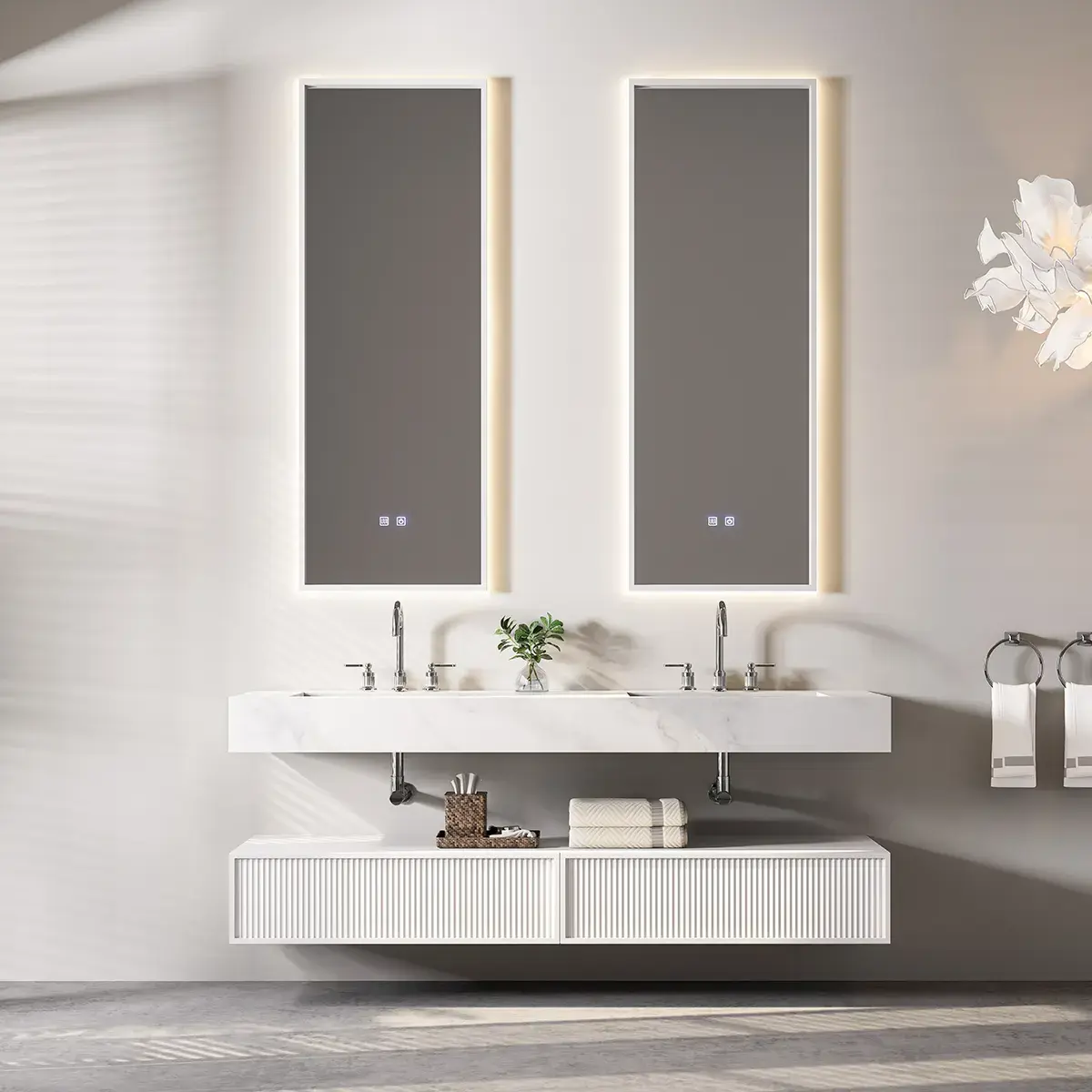 Ensemble double vasque, Pierre de synthèse Carrara mat 180cm – Riviera