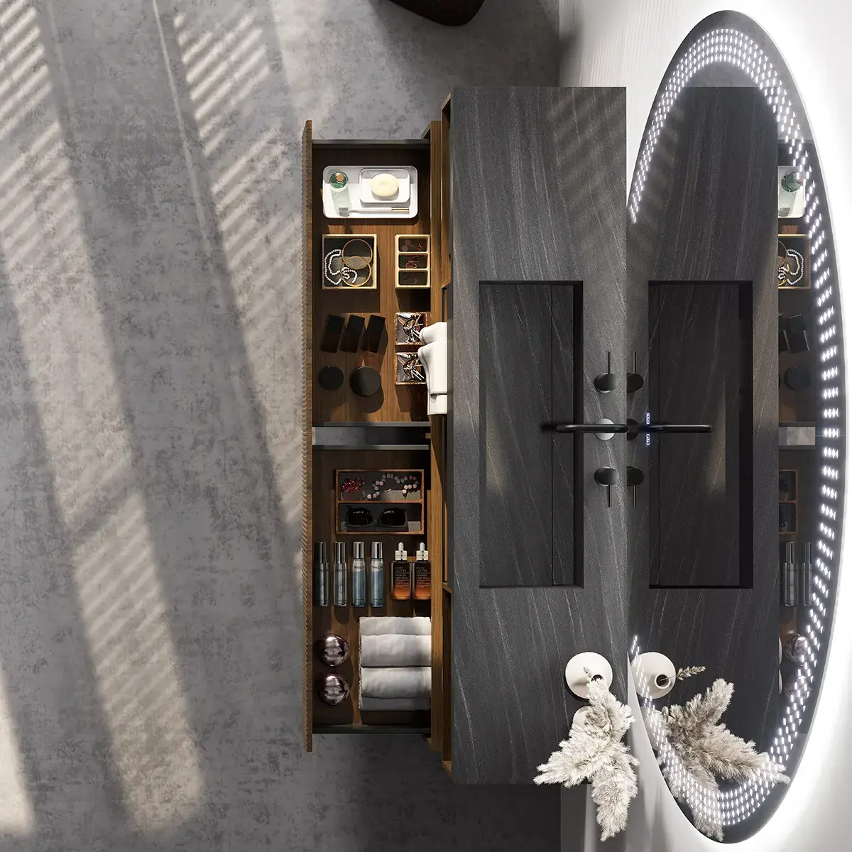 Ensemble vasque intégrée céramique sandstone 180cm, meubles bas noyer et miroir LED – Amazing