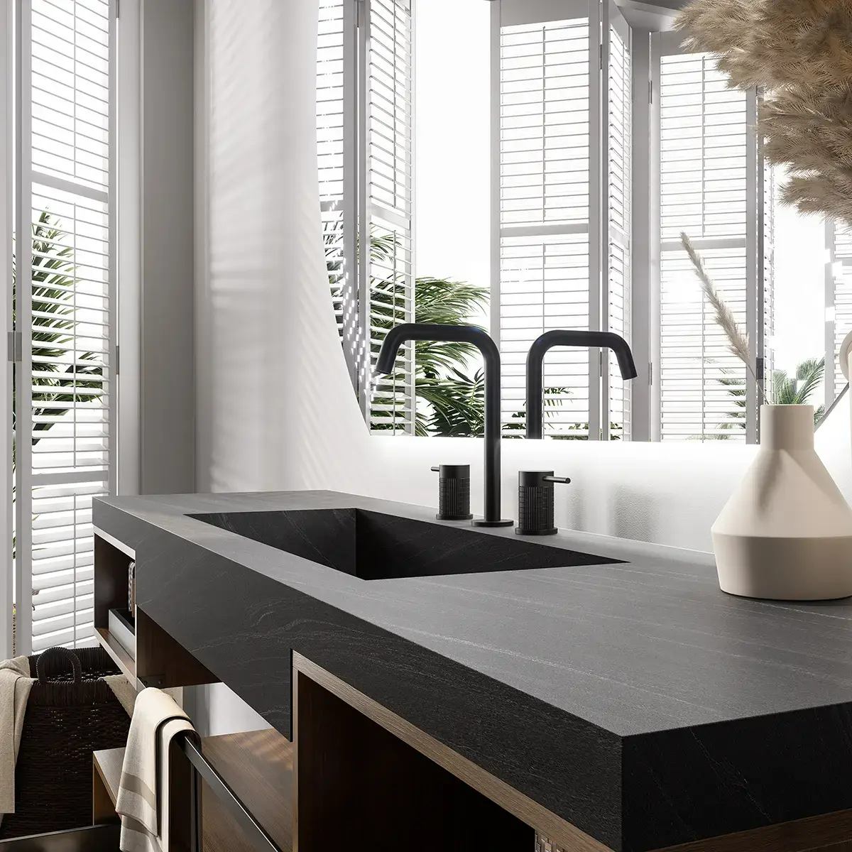 Ensemble vasque intégrée céramique sandstone 180cm, meubles bas noyer et miroir LED – Amazing