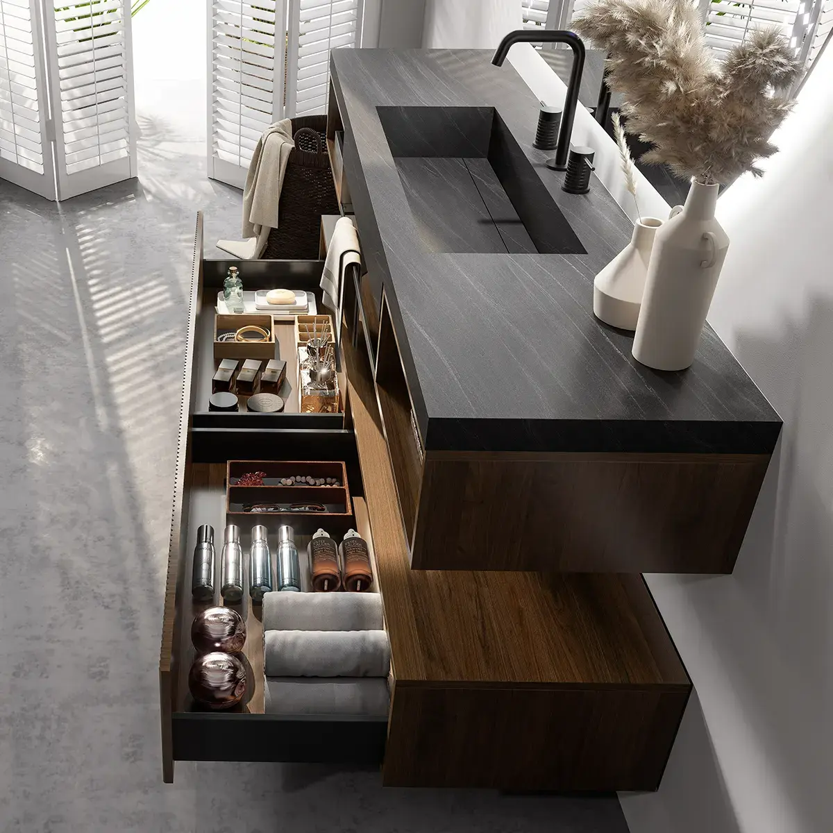 Ensemble vasque intégrée céramique sandstone 180cm, meubles bas noyer et miroir LED – Amazing
