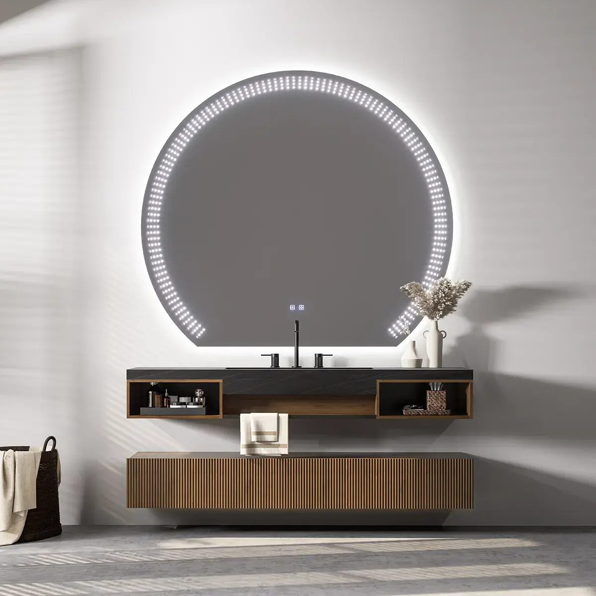 Ensemble vasque intégrée céramique sandstone 180cm, meubles bas noyer et miroir LED – Amazing