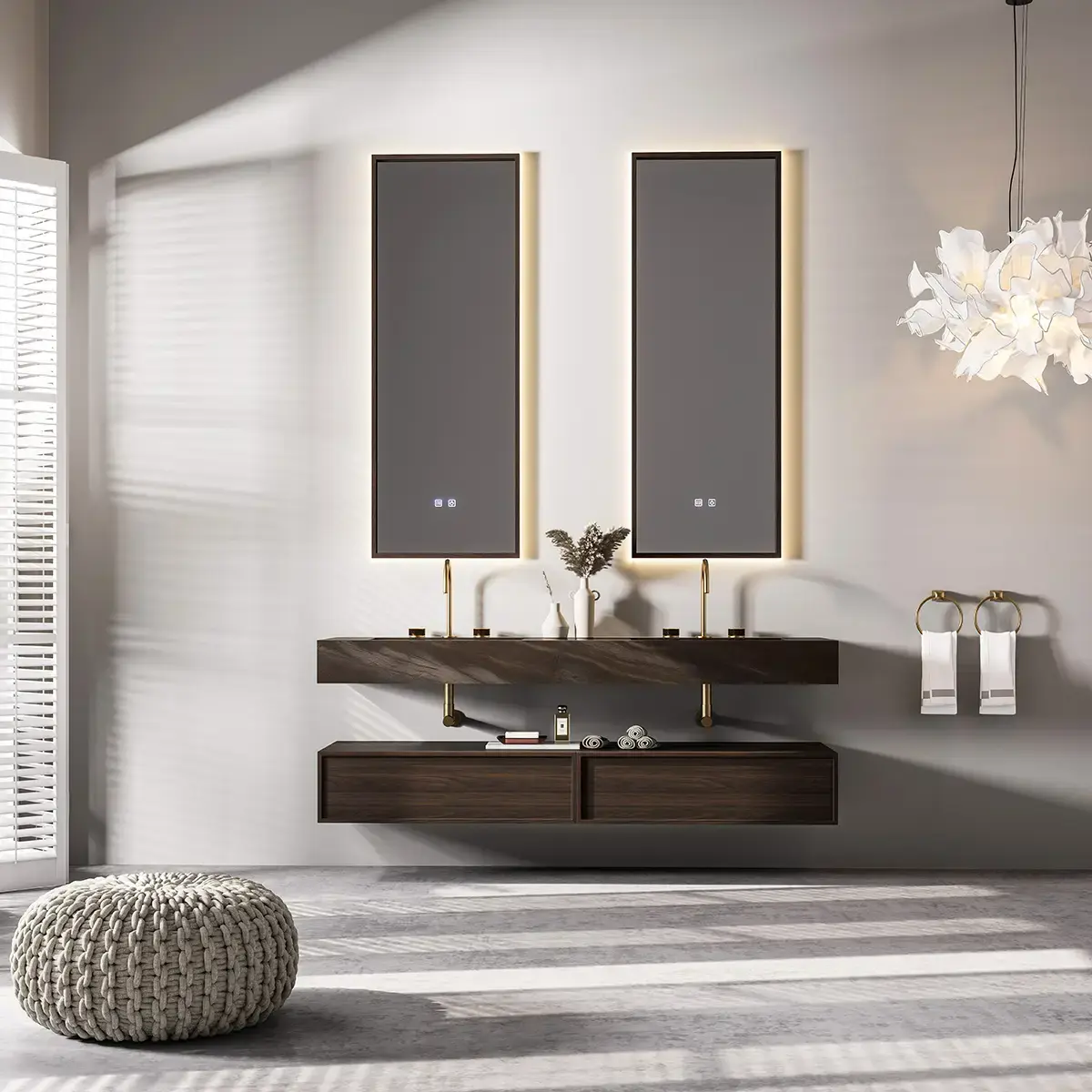 Ensemble double vasque 180 cm Fossil avec plan en pierre brown mat, meuble bas suspendu en noyer et deux miroirs LED bois 50x120 cm – style moderne et chaleureux, finitions haut de gamme