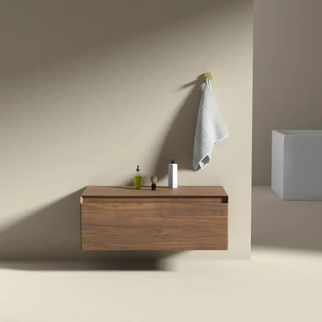 Meuble bas mural Aurélien en noyer 80x40x30 cm avec un tiroir, style moderne et élégant.