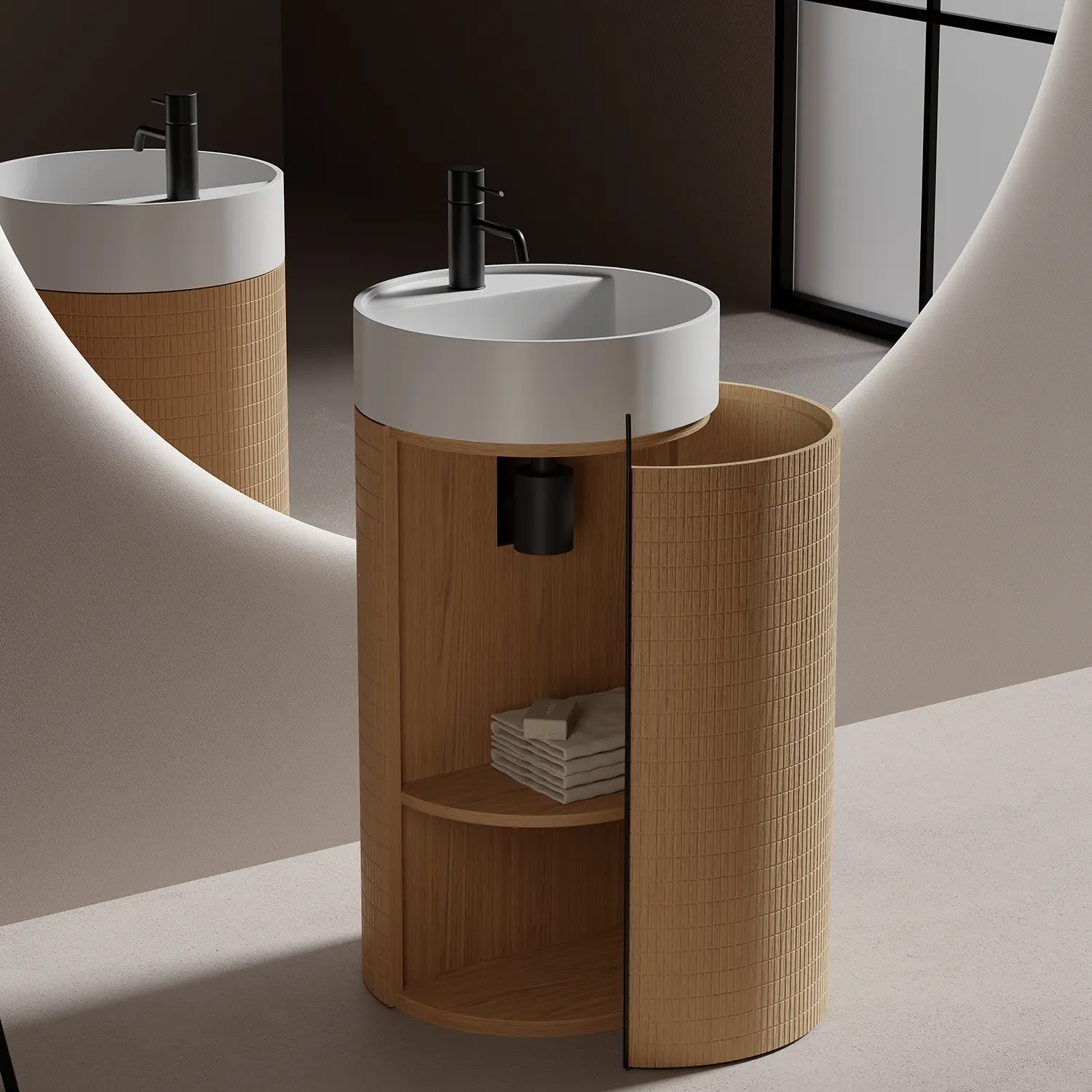 Meuble vasque à poser, 1 porte, Chêne Brick, vasque intégrée solid surface blanc mat, diamètre  45cm, Reese