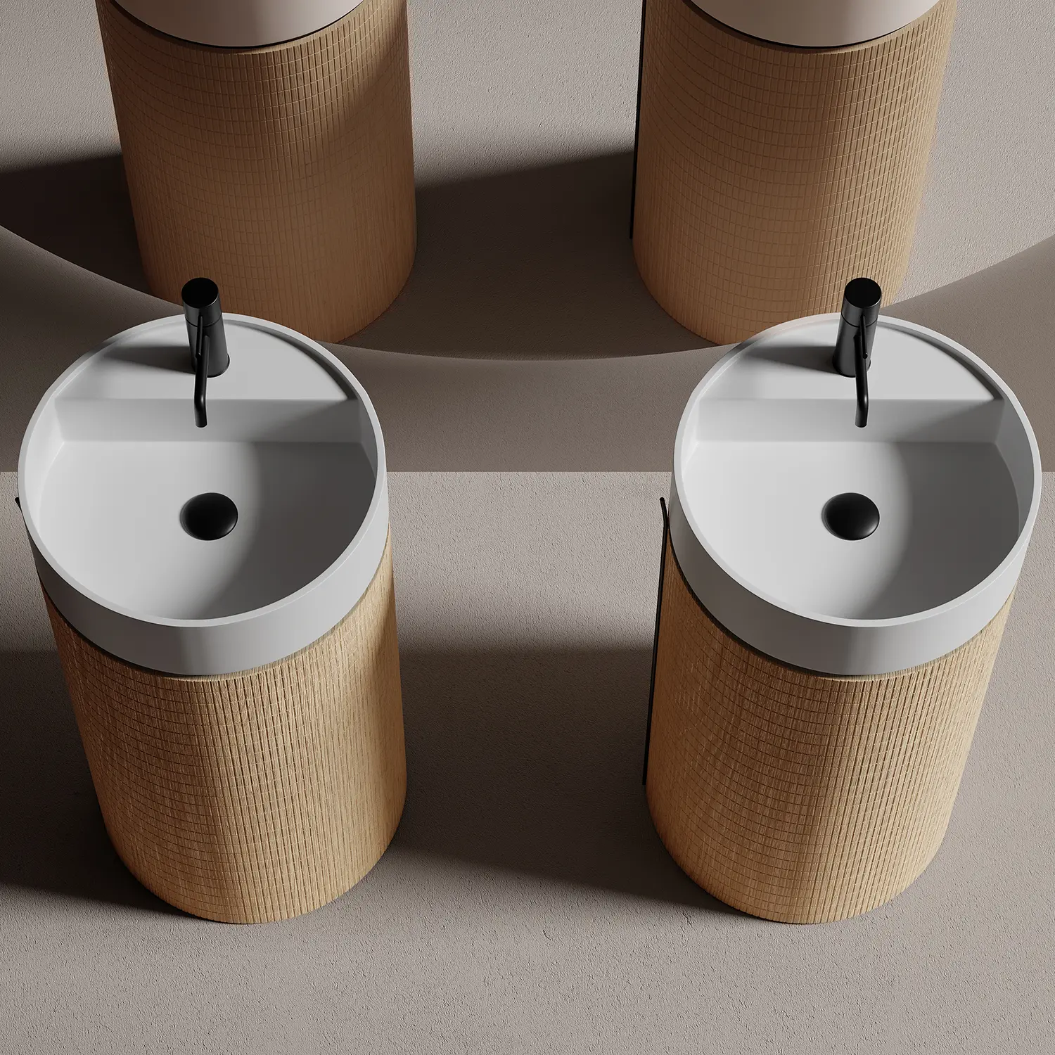 Meuble vasque à poser, 1 porte, Chêne Brick, vasque intégrée solid surface blanc mat, diamètre  45cm, Reese