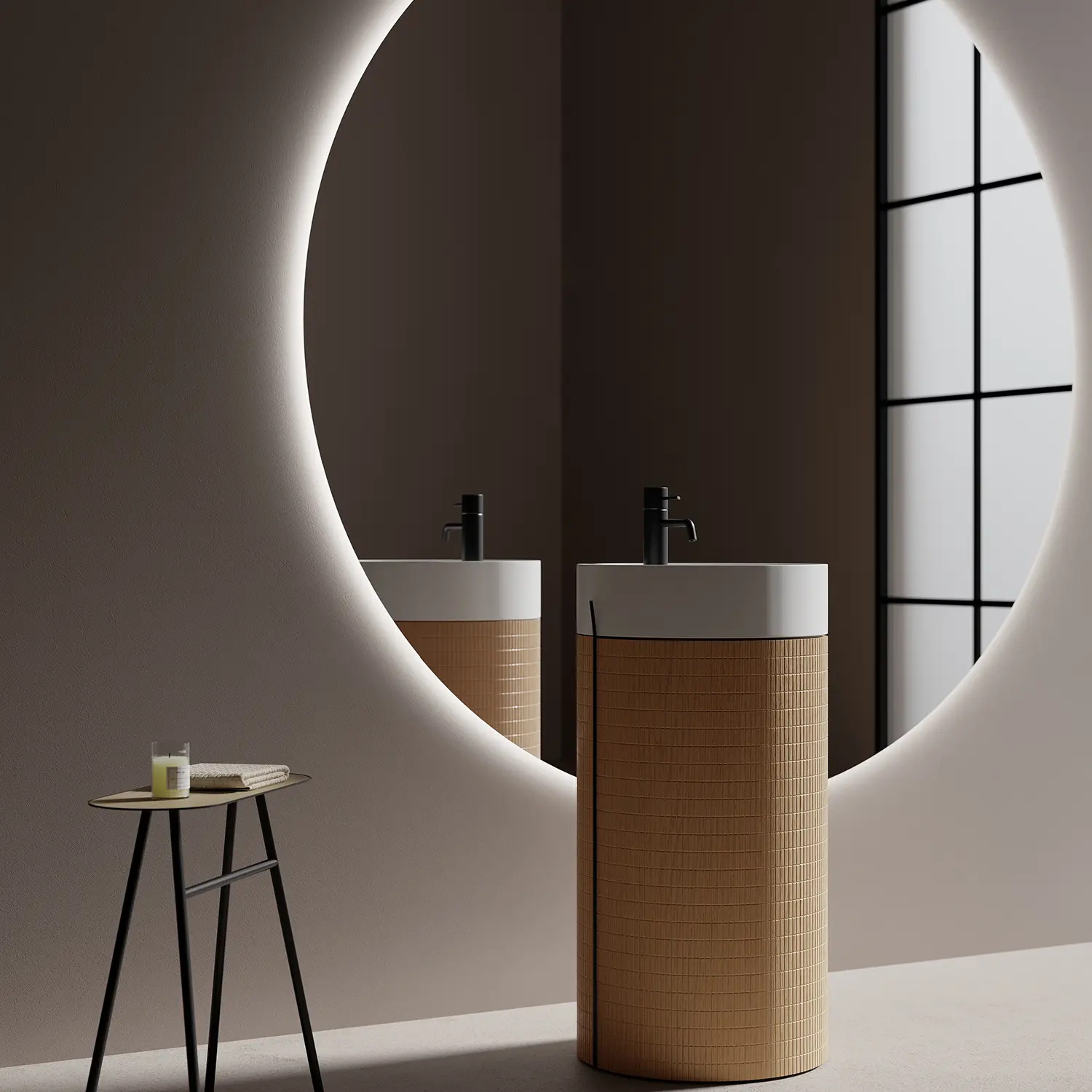 Meuble vasque Reese 45 cm en chêne Brick, forme totem avec 1 porte et vasque intégrée en solid surface blanc mat – design compact.