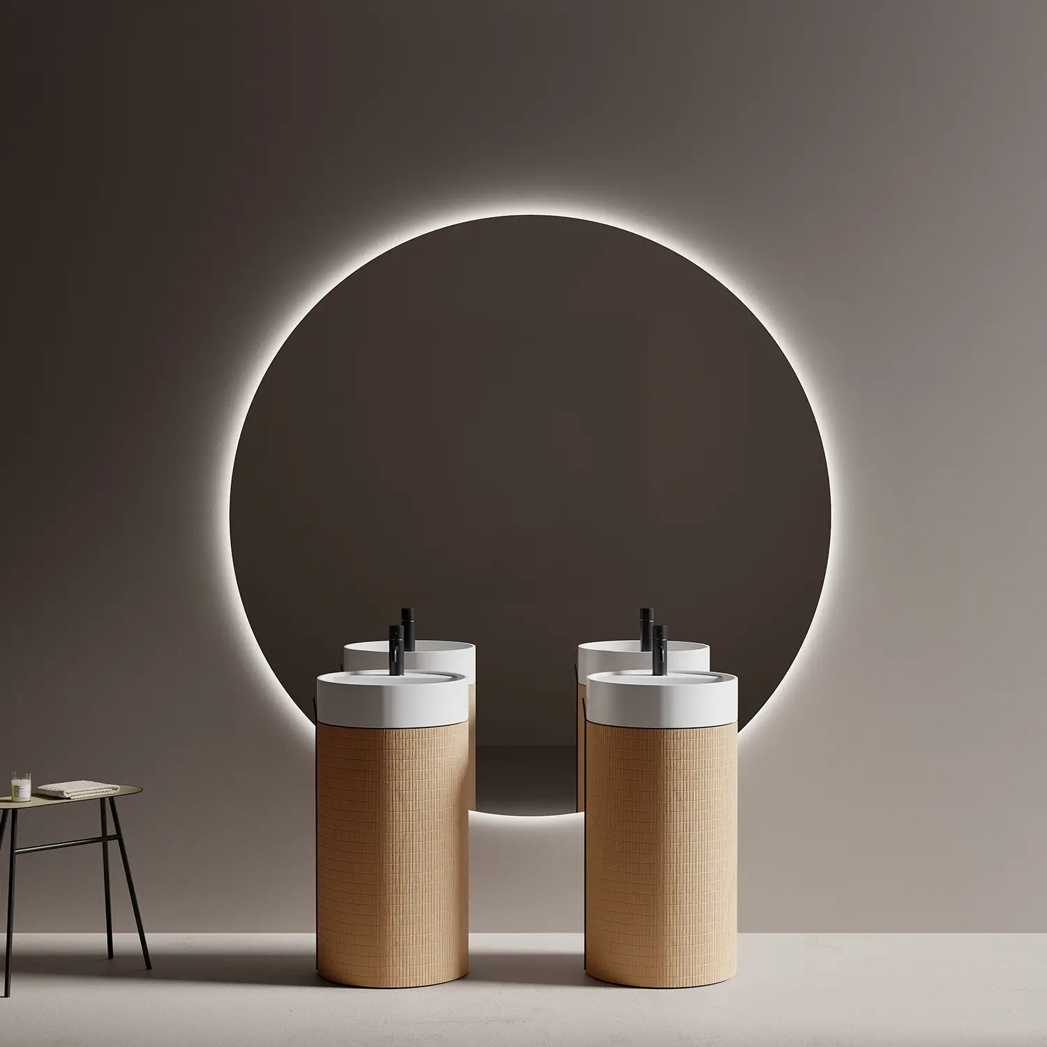 Meuble vasque à poser, 1 porte, Chêne Brick, vasque intégrée solid surface blanc mat, diamètre  45cm, Reese