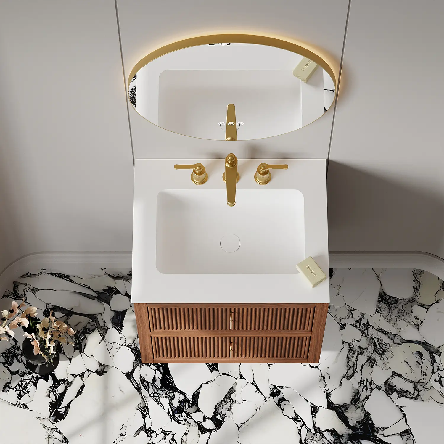 Meuble vasque suspendu cannelé noyer, vasque intégrée solid surface, 60x48cm, Milan 