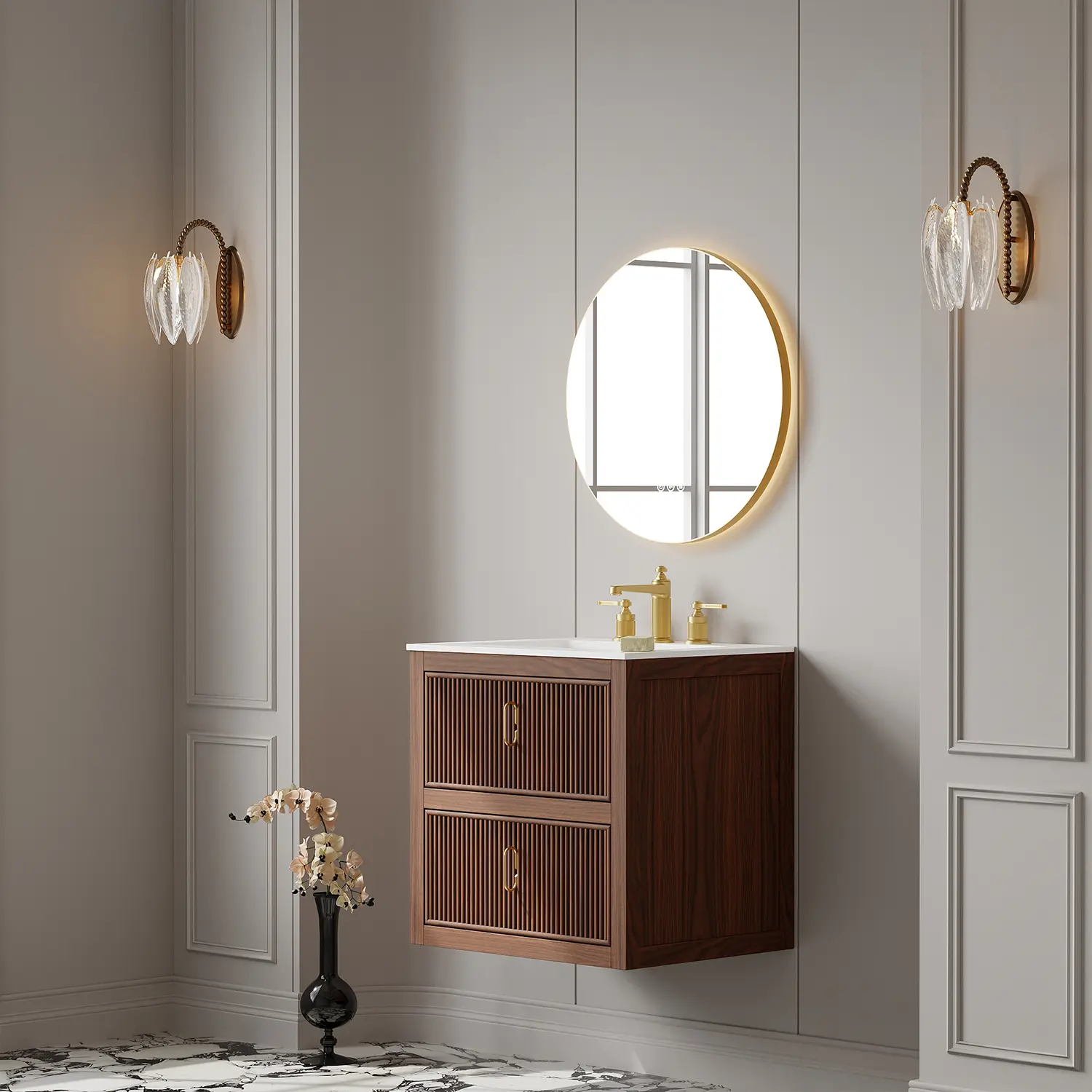 Meuble vasque suspendu cannelé noyer, vasque intégrée solid surface, 60x48cm, Milan 