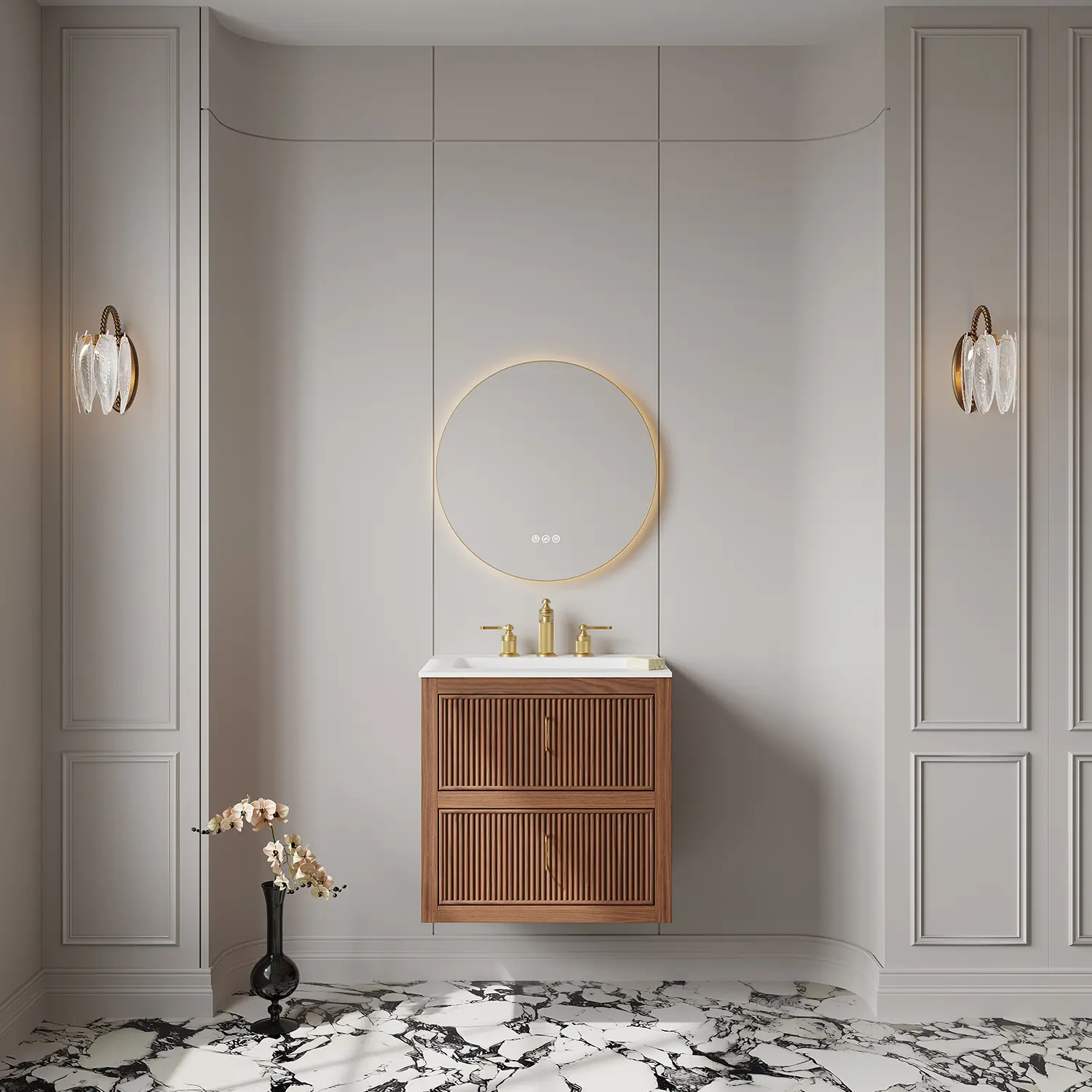 Meuble vasque suspendu 60 cm en noyer cannelé avec vasque intégrée solid surface, miroir rond rétroéclairé et robinetterie dorée – salle de bain design.