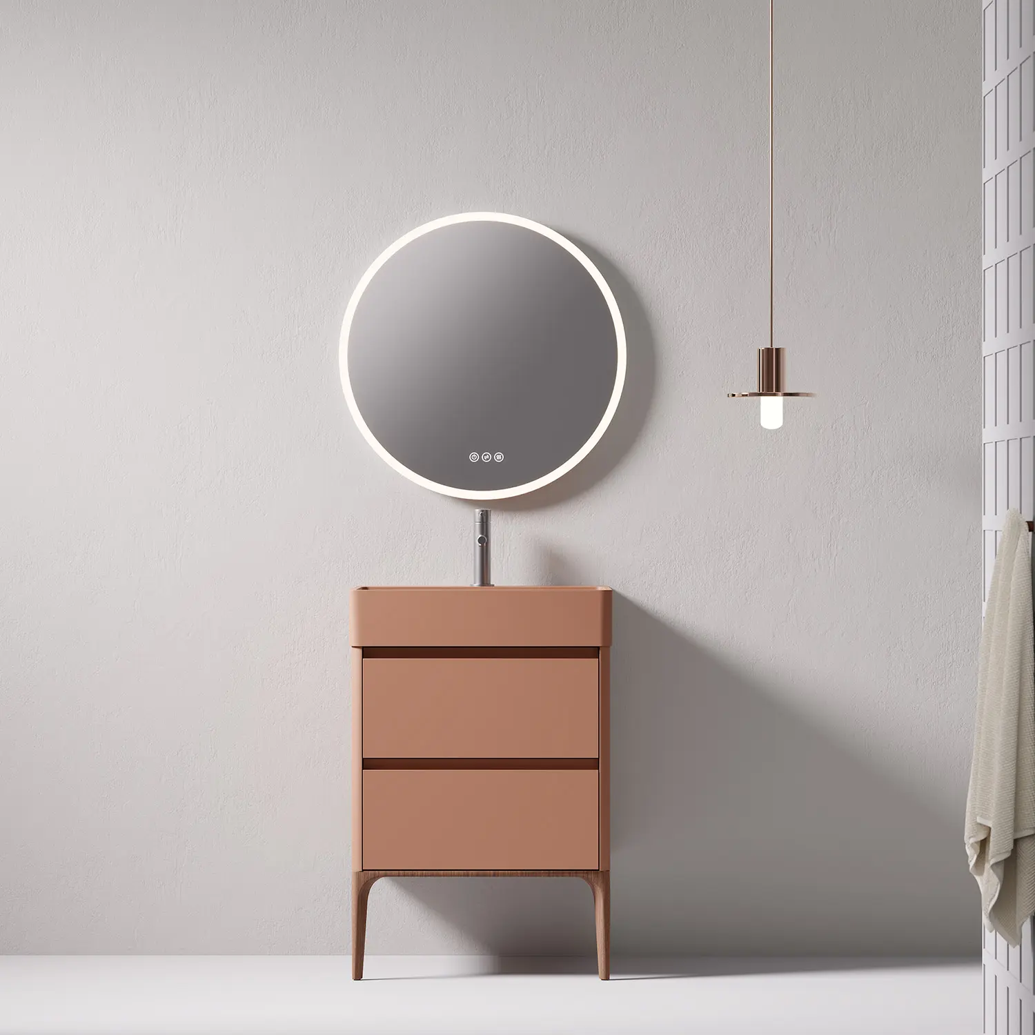 Meuble salle de bain Letto terracotta avec 2 tiroirs, pieds en noyer et vasque intégrée en résine minérale – design moderne.