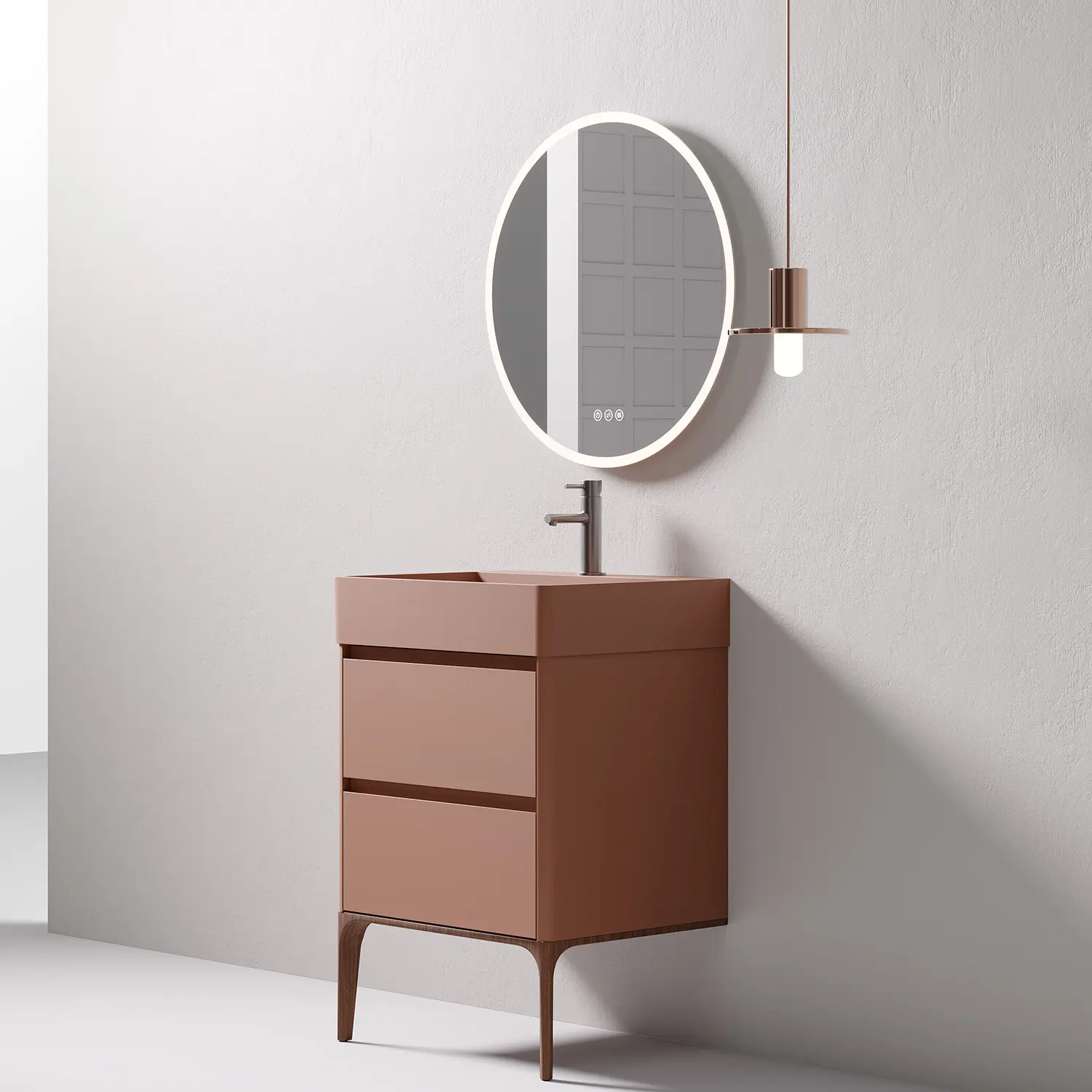 Meuble à poser, 2 tiroirs, vasque résine minérale intégrée, coloris terracotta, pieds noyer, Letto 