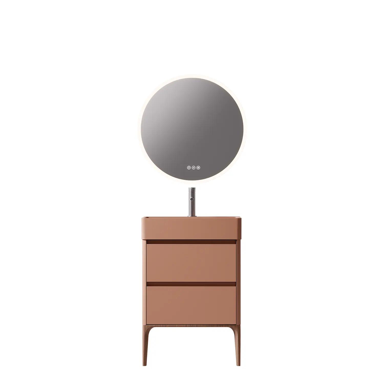 Meuble à poser, 2 tiroirs, vasque résine minérale intégrée, coloris terracotta, pieds noyer, Letto 