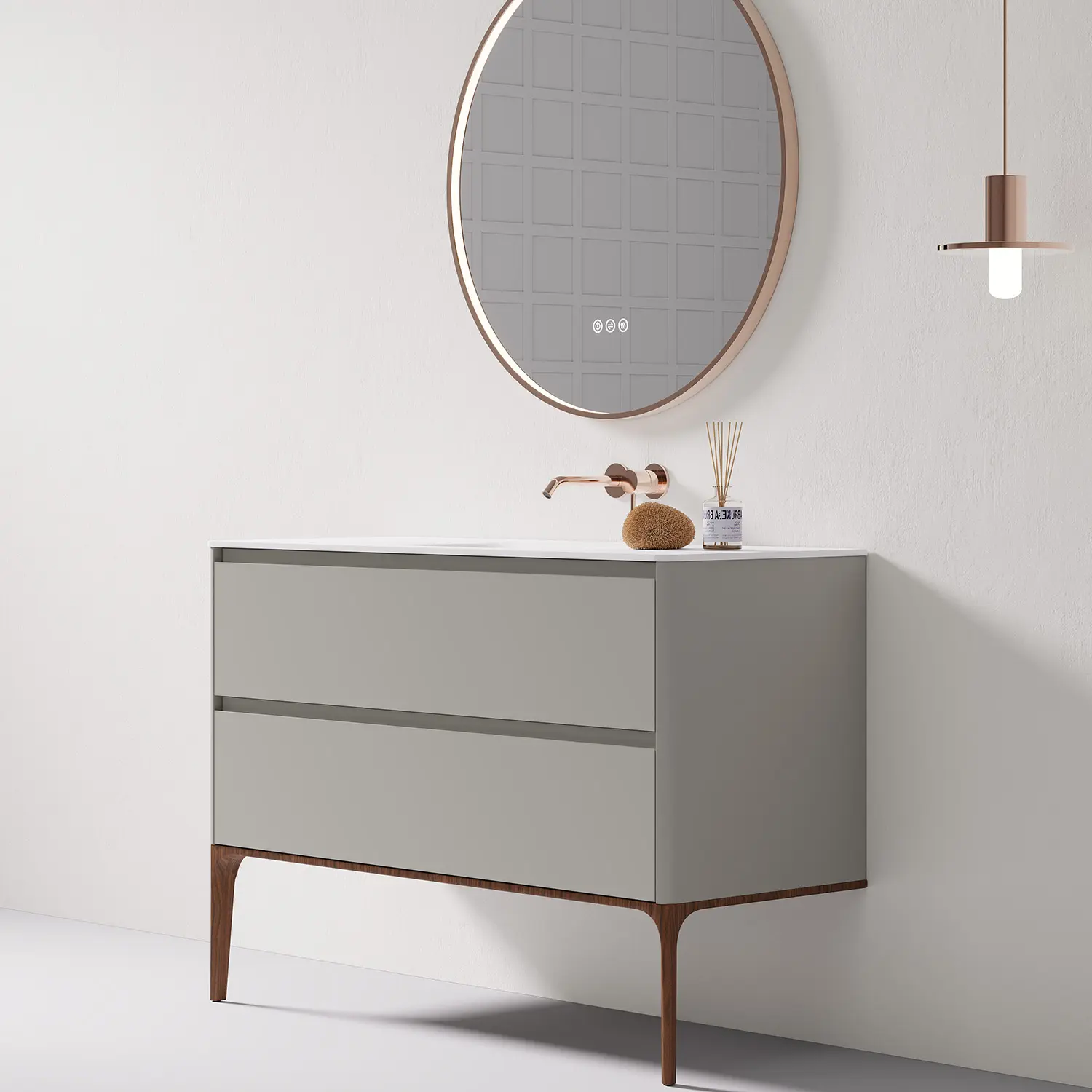 Meuble salle de bain Letto gris clair avec 2 tiroirs, pieds noyer et vasque intégrée en résine minérale blanc mat – design moderne.