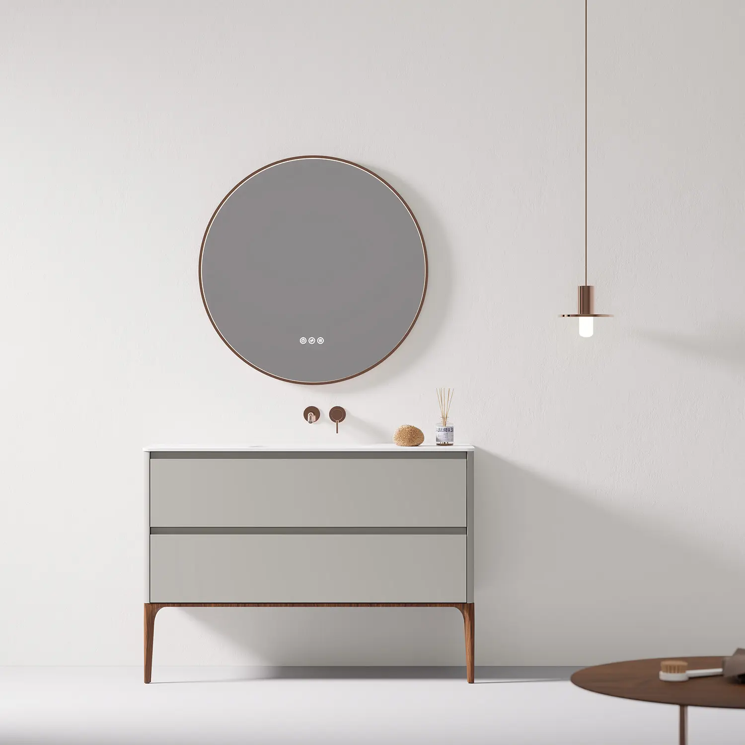 Meuble à poser 120cm, gris clair, vasque intégrée résine minérale blanc mat, pieds noyer, Letto 