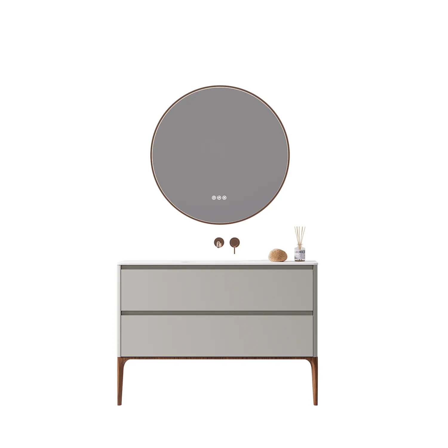 Meuble à poser 120cm, gris clair, vasque intégrée résine minérale blanc mat, pieds noyer, Letto 