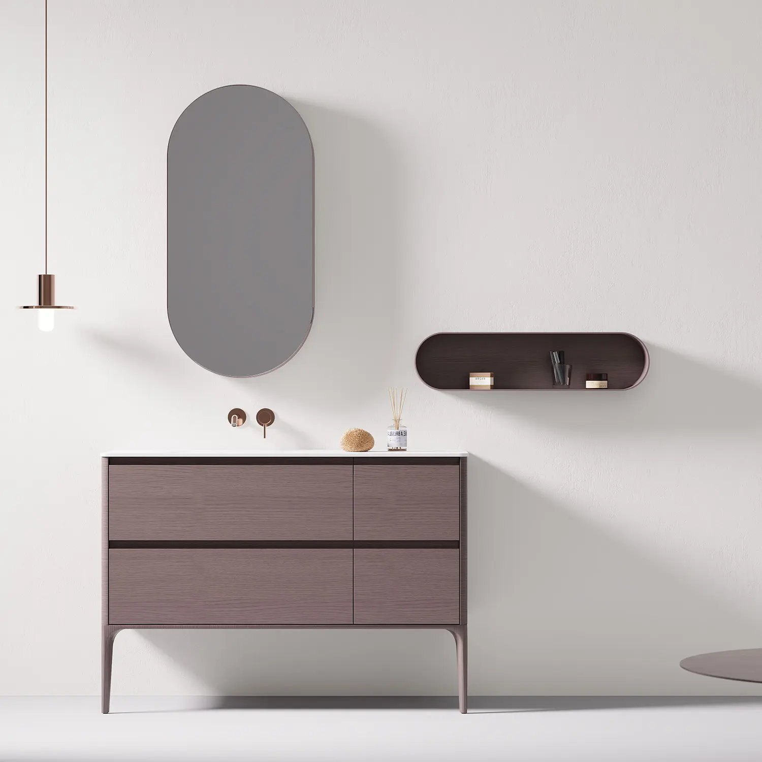 Meuble salle de bain Letto 140 cm en bois fumé avec 4 tiroirs, pieds noyer fumé et vasque intégrée en résine minérale blanc mat – design contemporain.