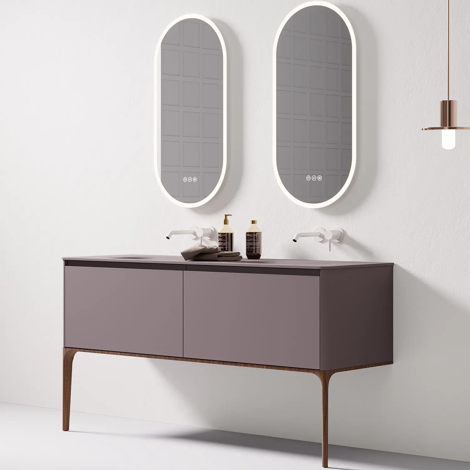 Meuble à poser 2 tiroirs, Parme, vasque intégrée résine minérale Parme, 150cm, pieds noyer, Letto