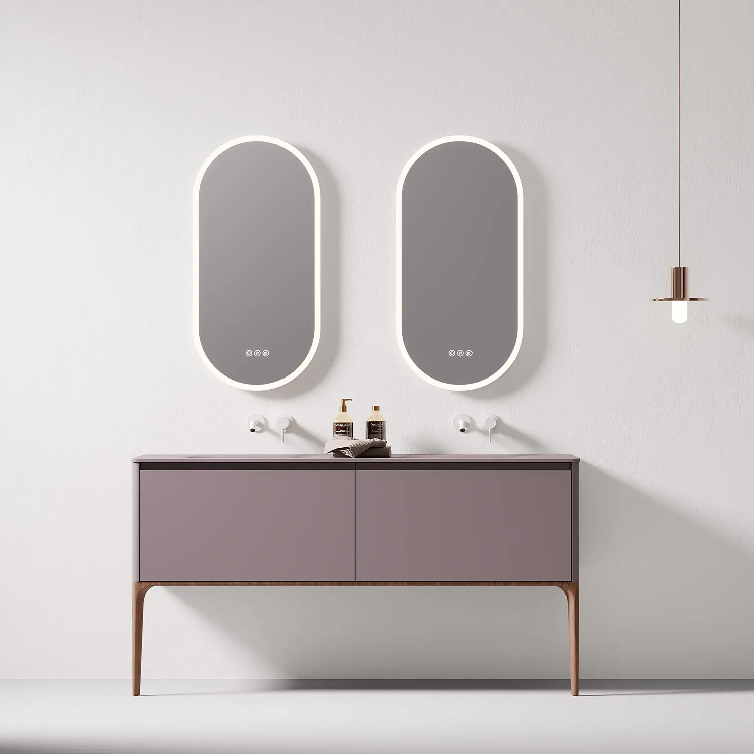 Meuble salle de bain Letto 150 cm Parme avec 2 tiroirs, pieds noyer et vasque intégrée en résine minérale – design moderne double miroir.