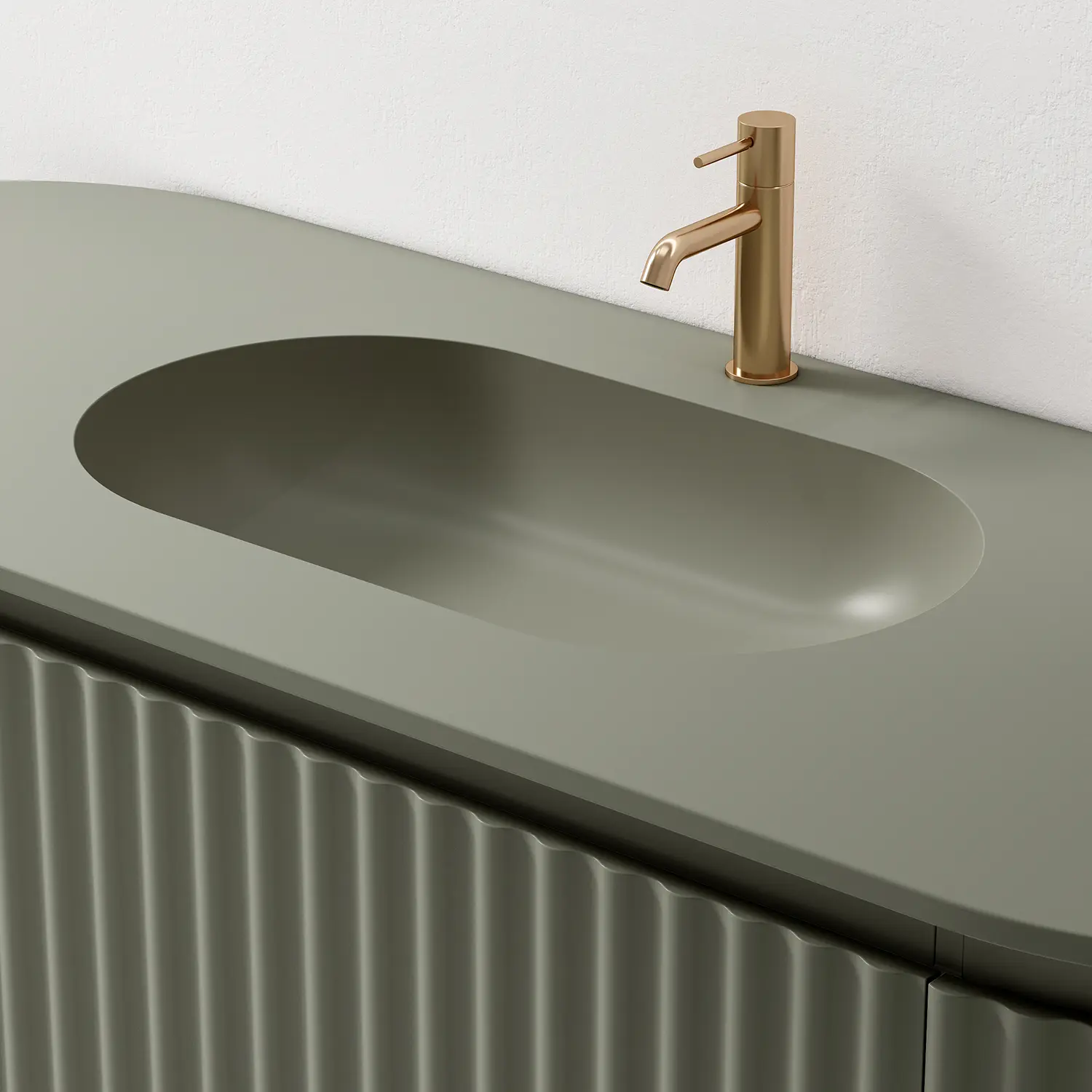 Meuble suspendu oblong cannelé, vert mat, 150x55,  vasque intégrée résine vert mat, Reid