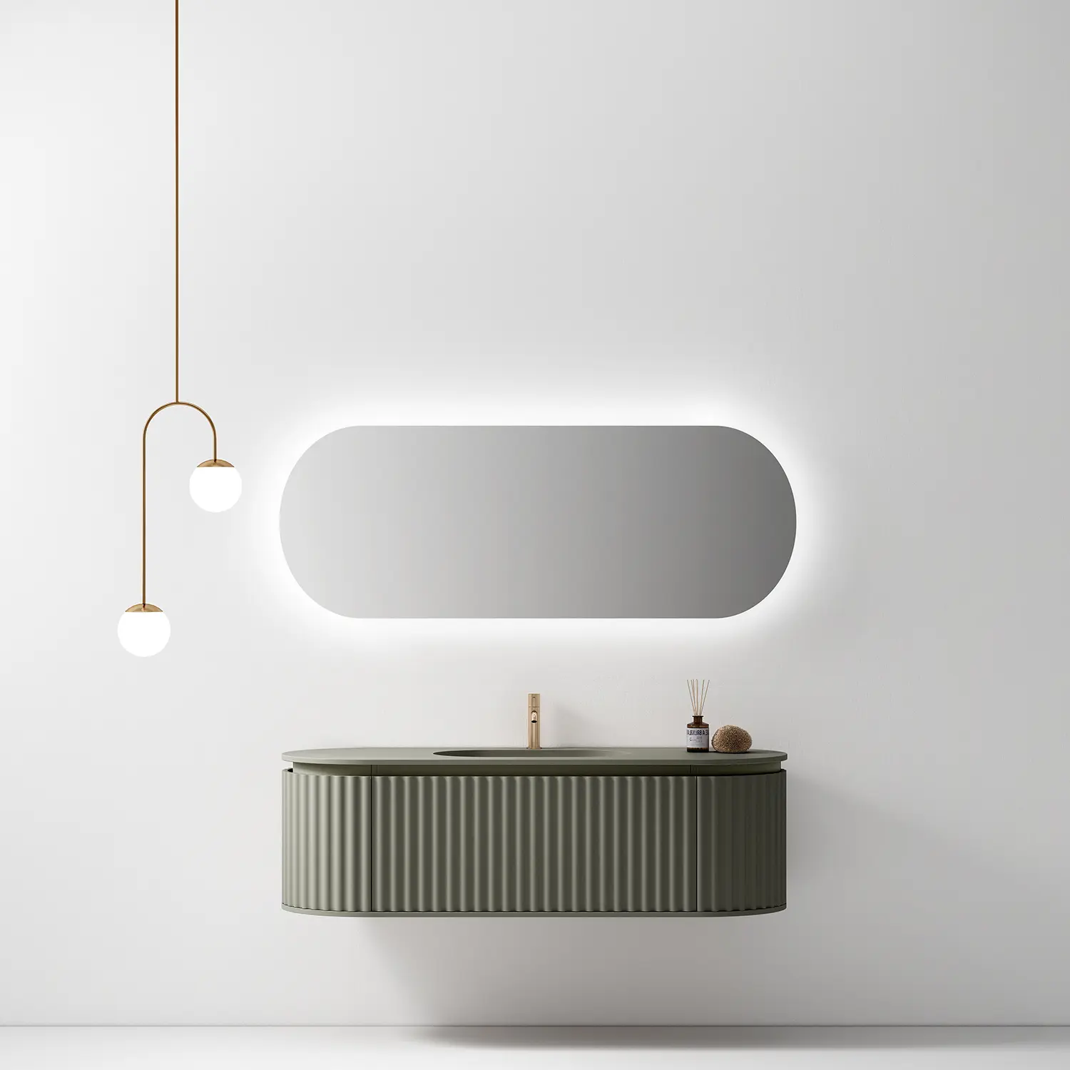 Meuble salle de bain suspendu Reid 150 cm oblong cannelé vert mat avec vasque intégrée en résine – design moderne