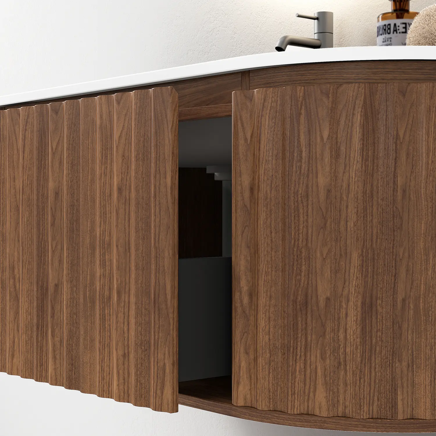 Meuble vasque suspendu oblong, cannelé, Noyer, vasque intégrée résine minérale, 120x55, Reid