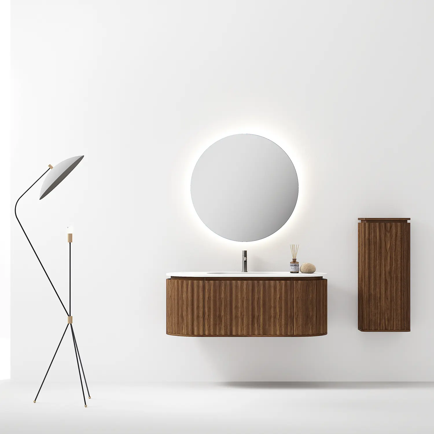 Meuble vasque suspendu oblong, cannelé, Noyer, vasque intégrée résine minérale, 120x55, Reid