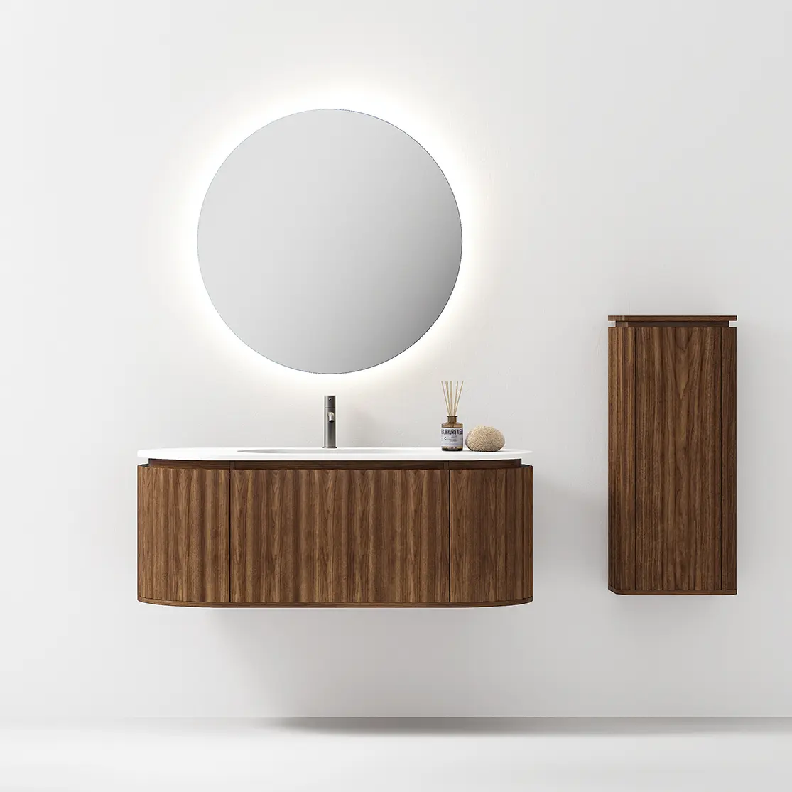 Meuble salle de bain suspendu Reid 120 cm oblong cannelé en noyer avec vasque intégrée en résine minérale – design moderne.