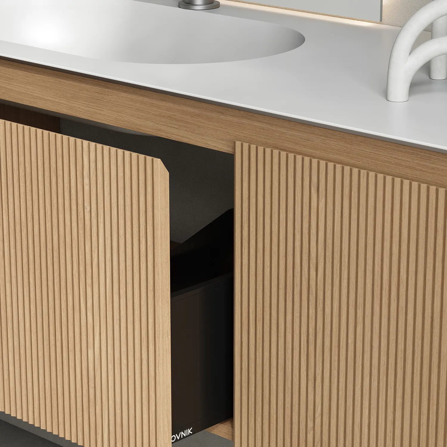 Meuble vasque suspendu cannelé 150 cm, Chêne, Solid surface, Grace