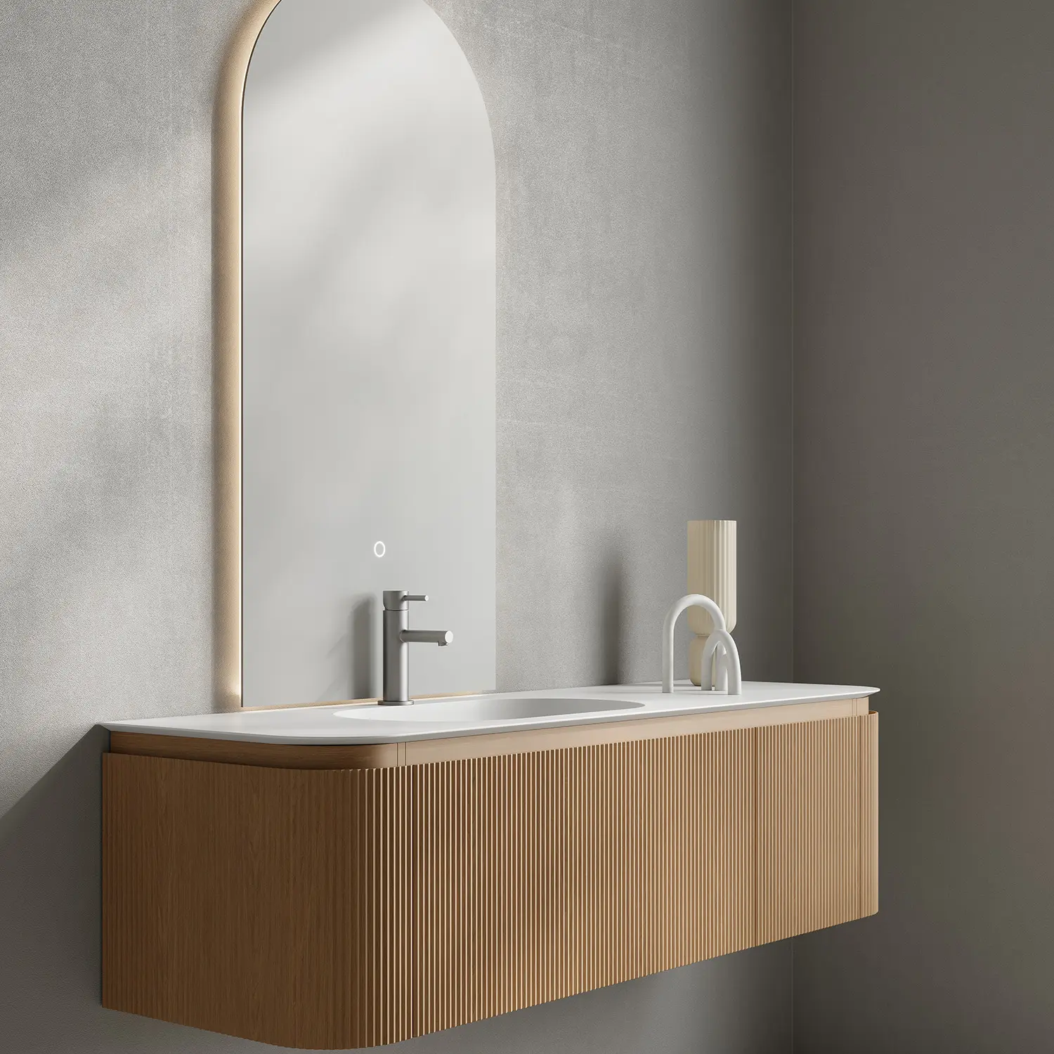 Meuble vasque suspendu cannelé 150 cm, Chêne, Solid surface, Grace