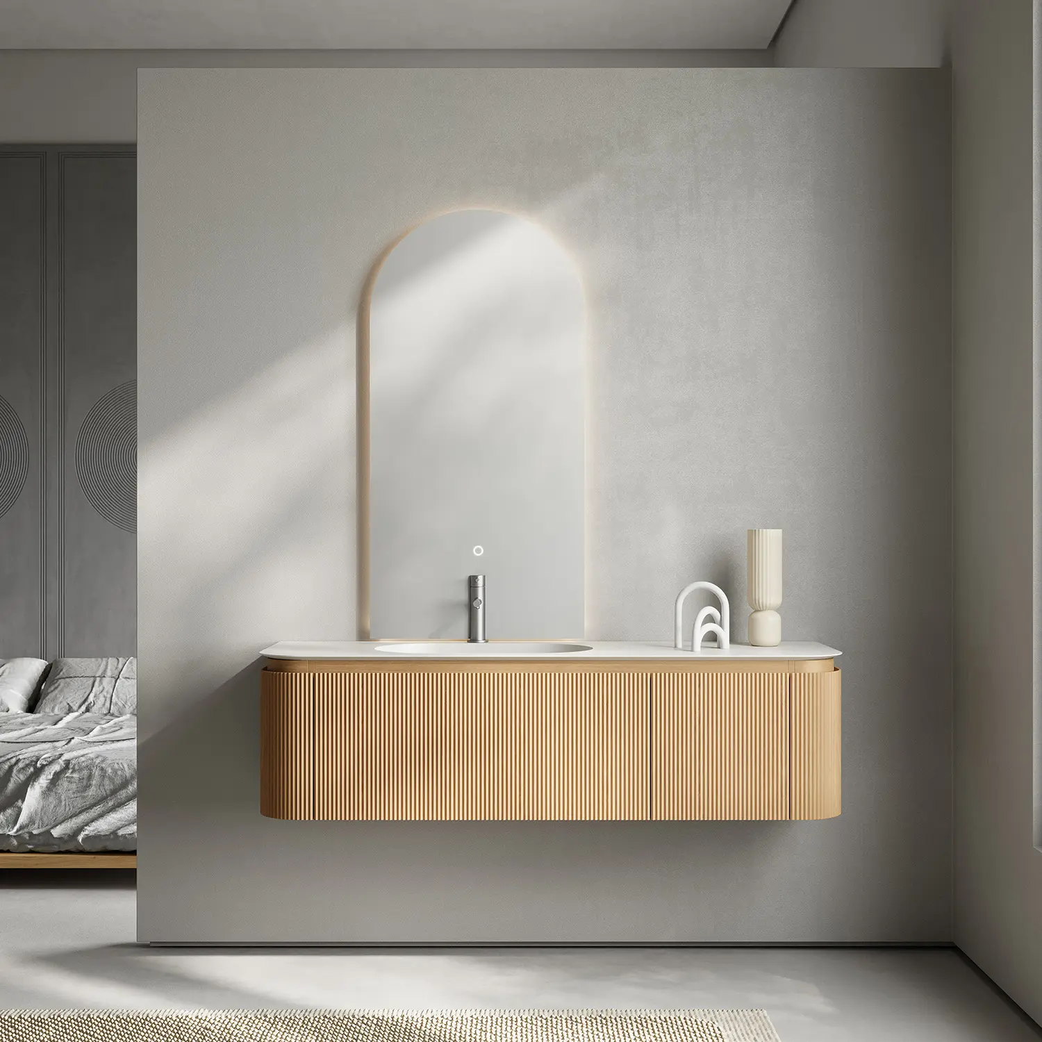 Meuble vasque suspendu cannelé 150 cm, Chêne, Solid surface, Grace