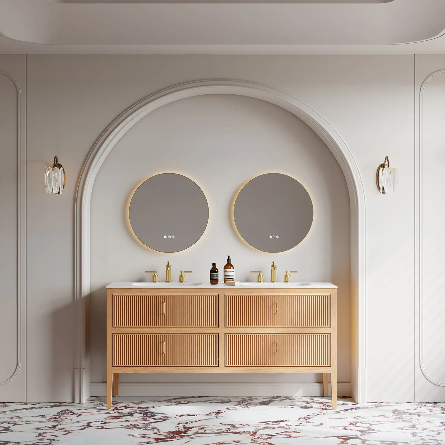 Meuble vasque à poser sur pieds 150 cm en chêne cannelé avec 4 tiroirs et double vasque intégrée en résine minérale – salle de bain contemporaine.