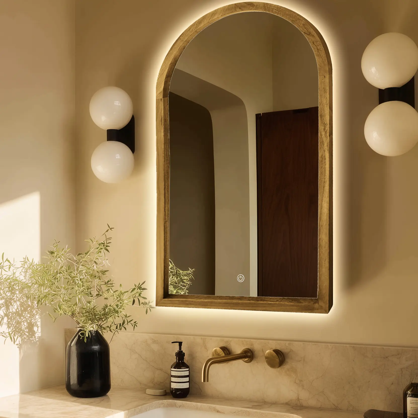 Miroir Demi-lune, rétroéclairage 55x100cm, cadre Chêne, Hikari 