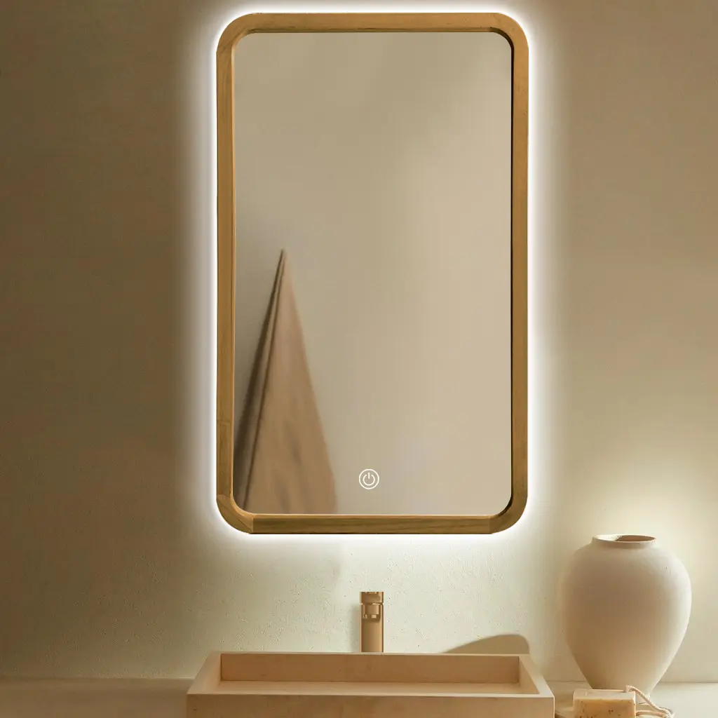 Miroir rectangulaire avec cadre en bois chêne clair avec bouton pour rétroéclairage