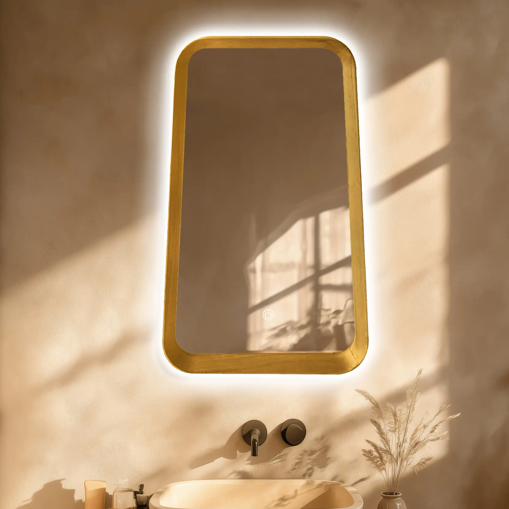Miroir de forme trapèze avec cadre en bois chêne clair avec un bouton pour le rétroéclairage