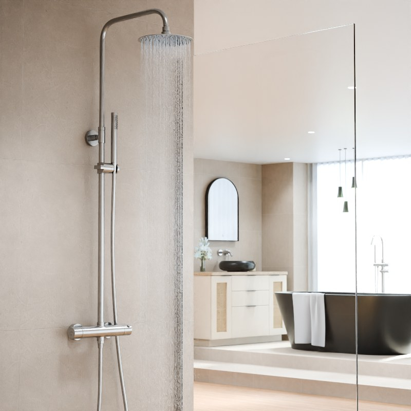 Colonne de douche avec mitigeur thermostatique, Ø25cm, inox brossé, Châtelet 