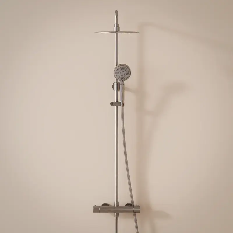 Colonne de douche avec mitigeur thermostatique, Ø25cm, Châtelet, douchette ronde 3 voies, inox brossé