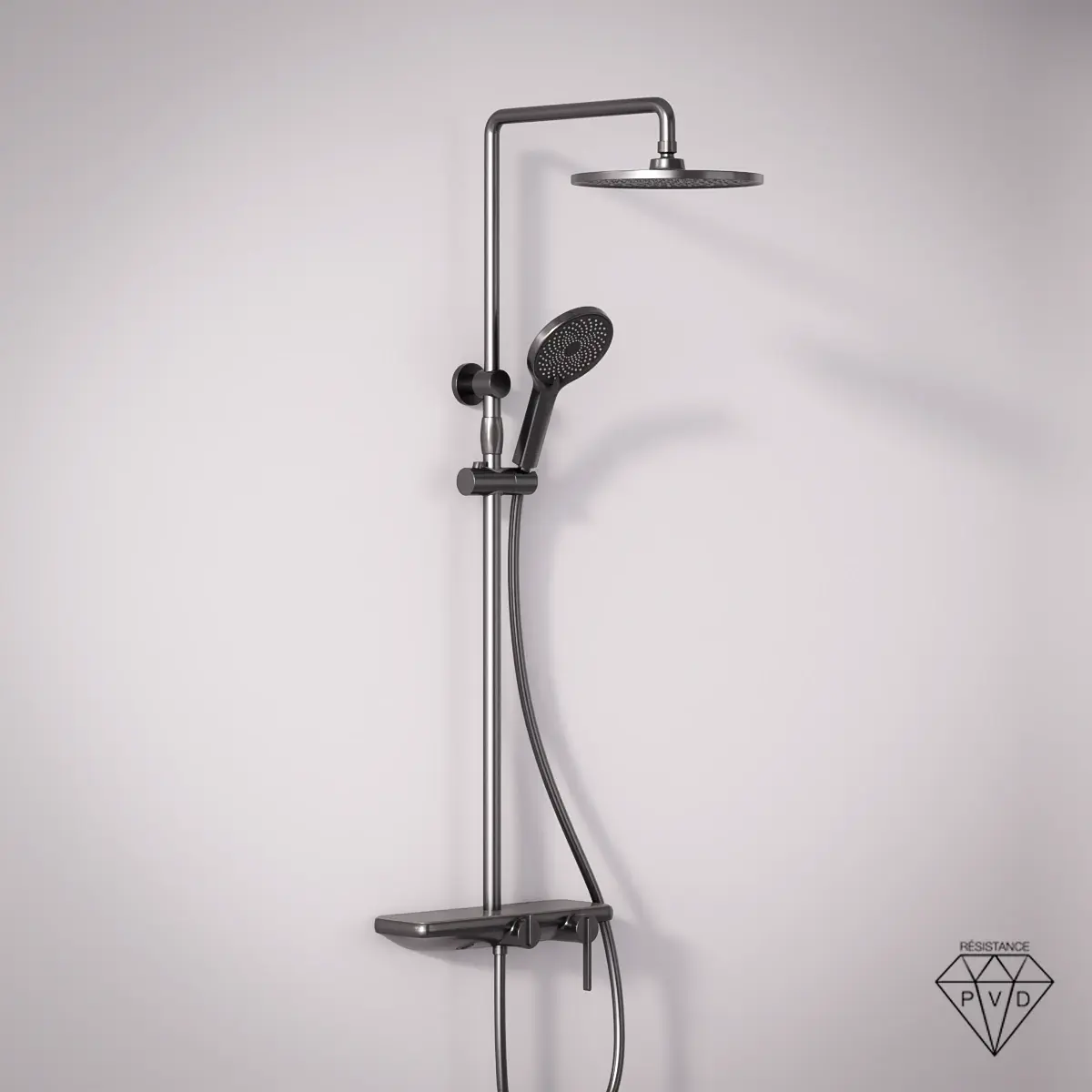 Colonne de douche Iéna gun métal brossé avec mitigeur 3 voies et plaque verre miroir