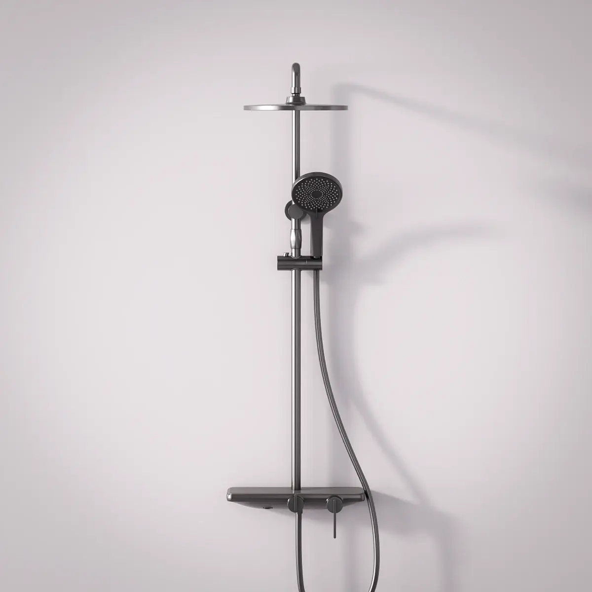 Colonne de douche ou bain douche, avec mitigeur mécanique, 3 voies, plaque verre miroir, gun métal brossé, Iéna 