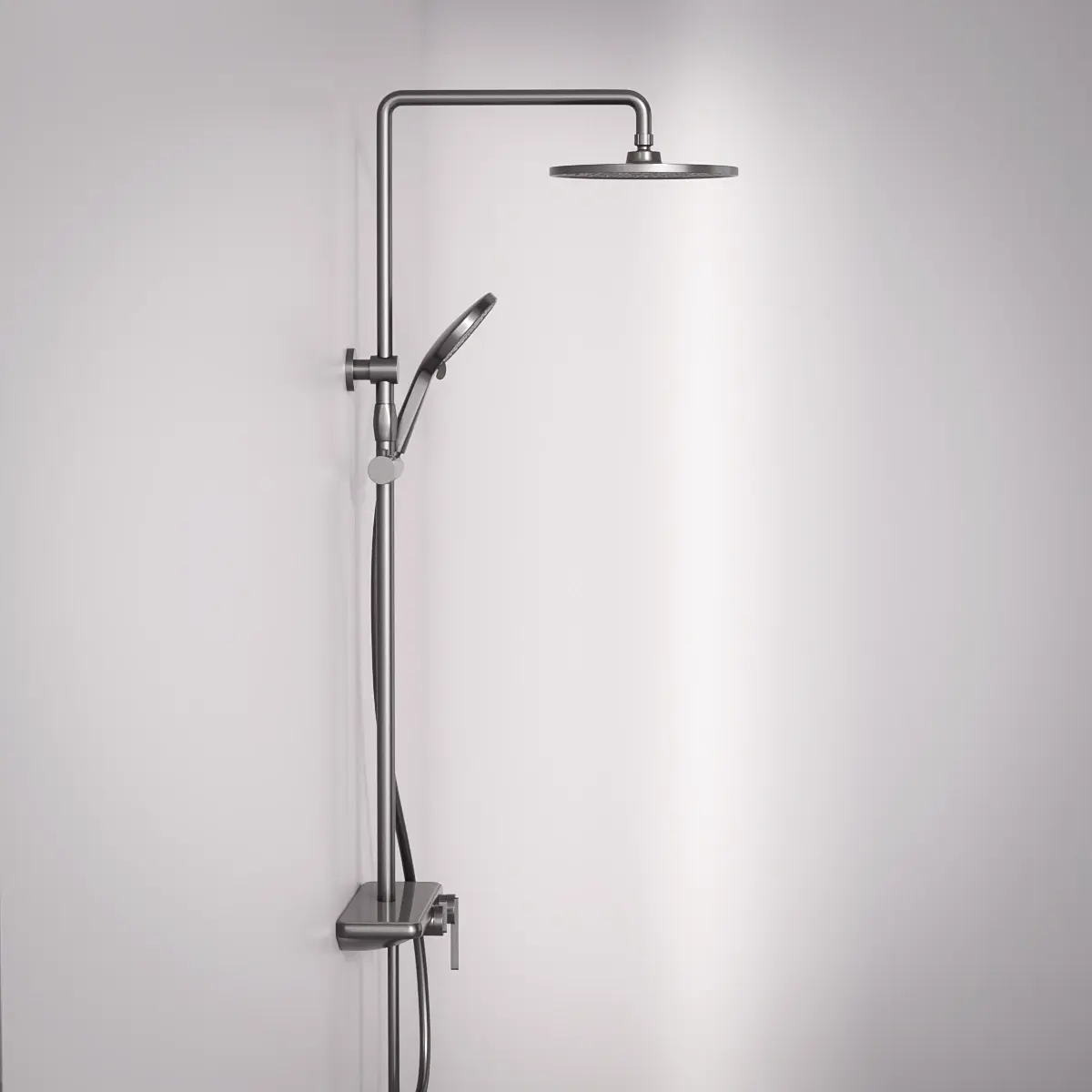 Colonne de douche ou bain douche, avec mitigeur mécanique, 3 voies, plaque verre miroir, gun métal brossé, Iéna 