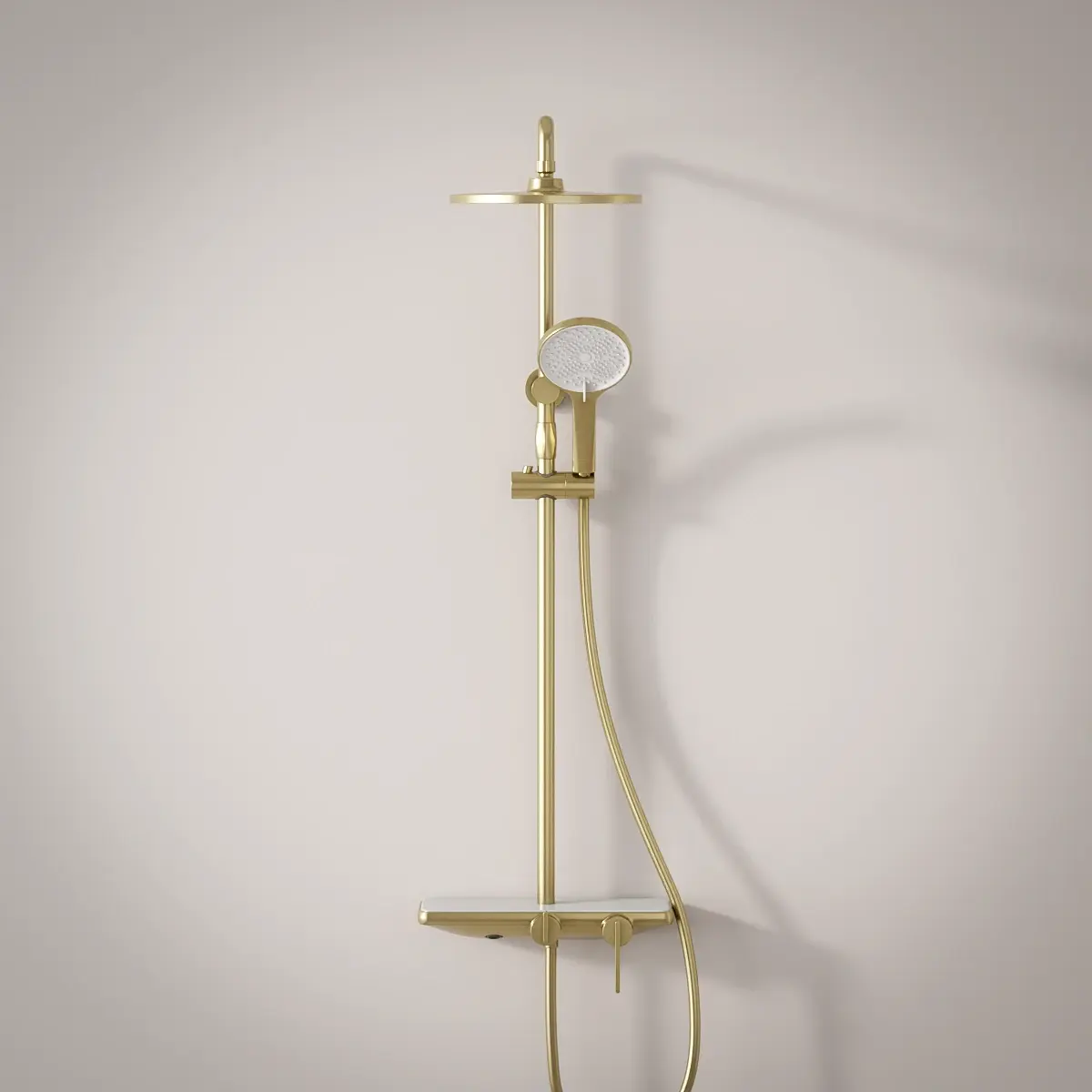 Colonne de douche ou bain douche, avec mitigeur mécanique, 3 voies, plaque verre miroir, Doré brossé, Iéna