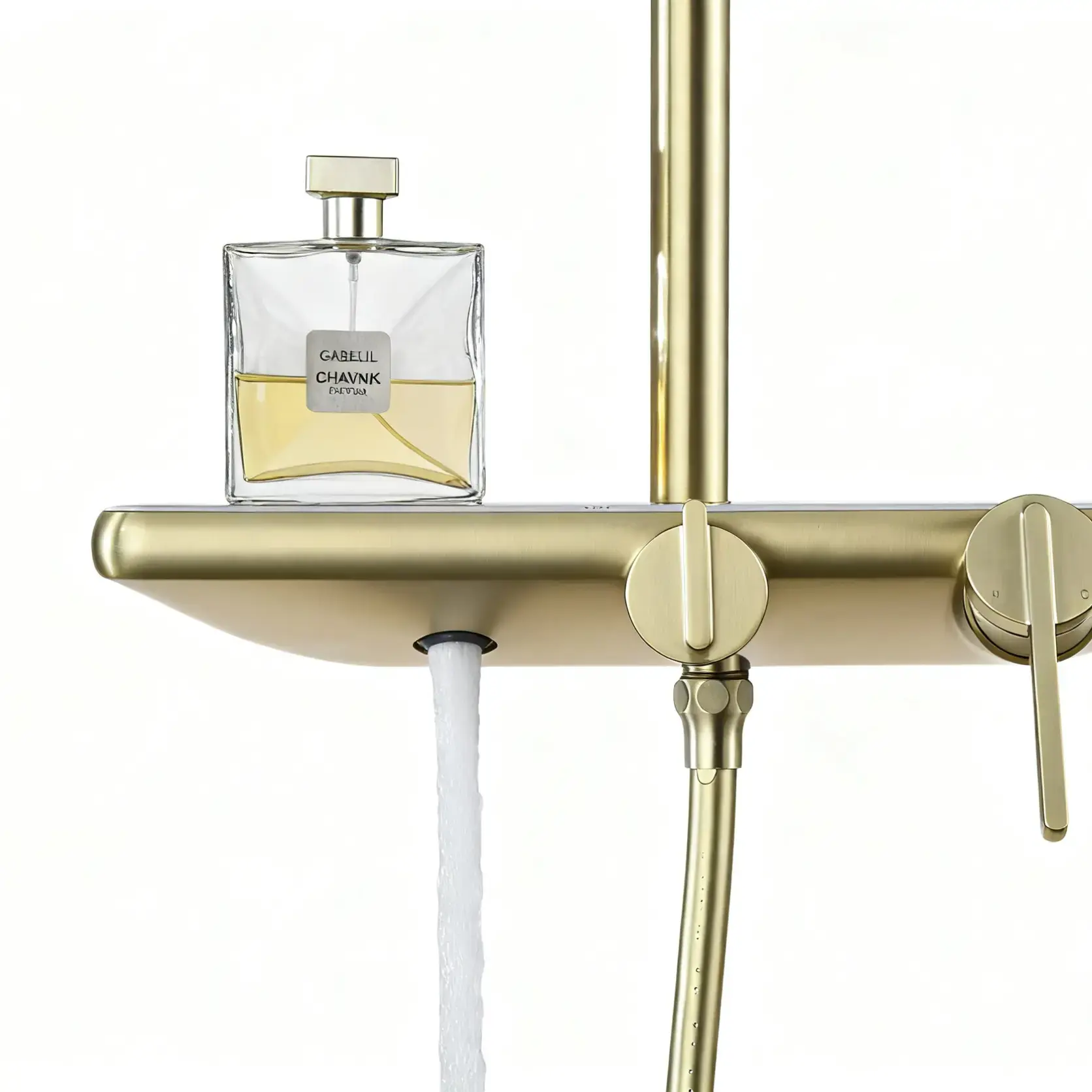Colonne de douche ou bain douche, avec mitigeur mécanique, 3 voies, plaque verre miroir, Doré brossé, Iéna