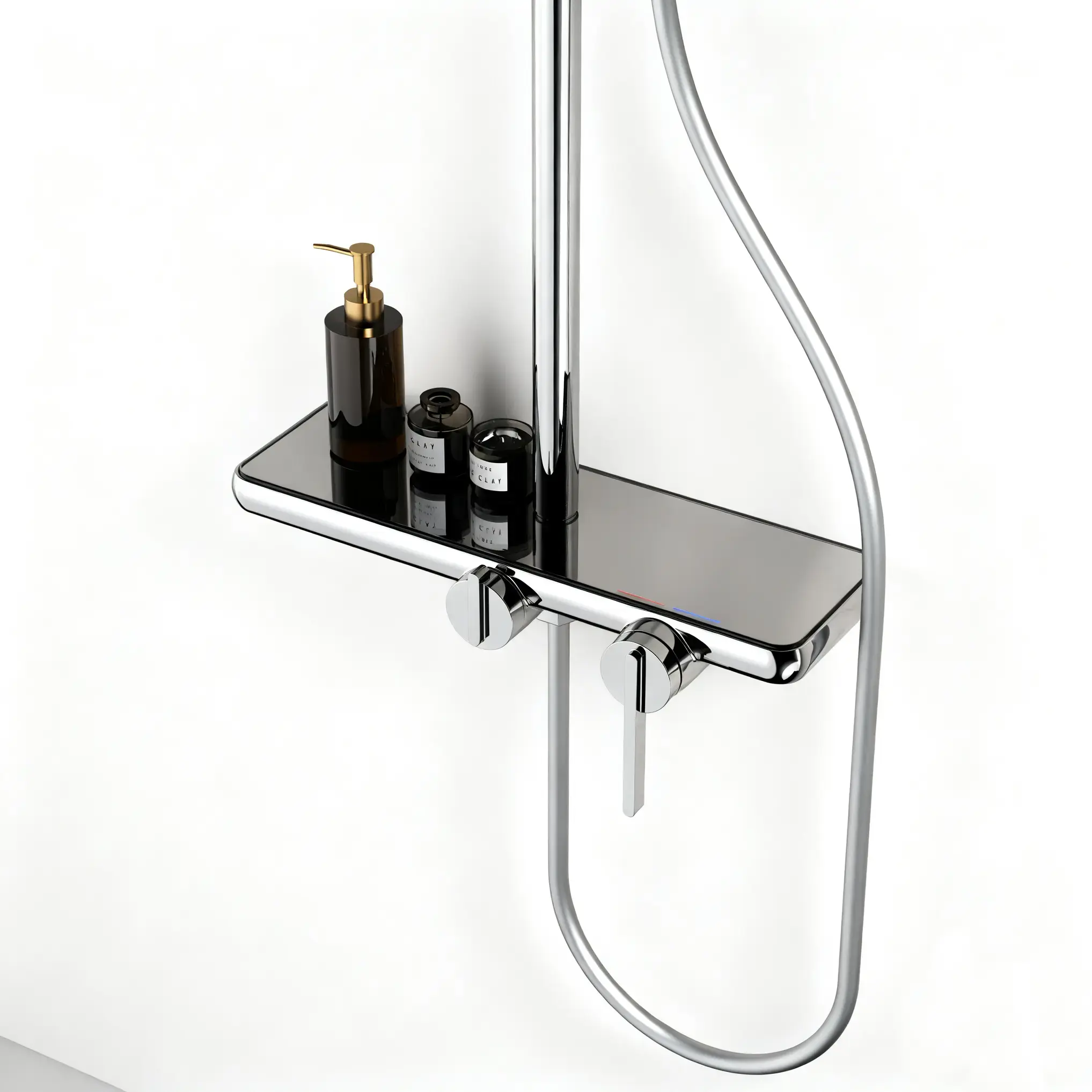 Colonne de douche ou bain douche, avec mitigeur mécanique, 3 voies, plaque verre miroir, chrome, Iéna  