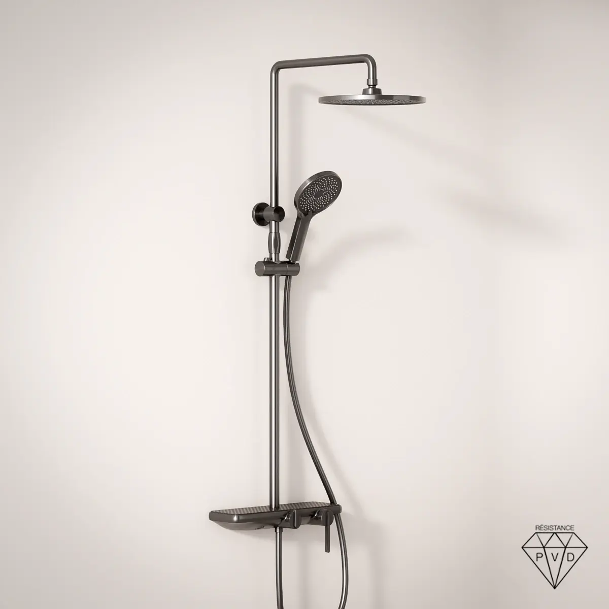Colonne de douche mitigeur Gun Métal avec pomme de tête, douchette 3 fonctions, remplissage bain et plaque support étagère Carbone
