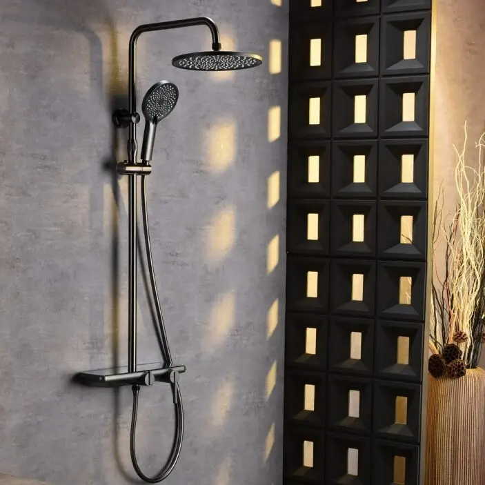 Colonne de douche ou bain douche, avec mitigeur mécanique, 3 voies, plaque verre miroir, gun métal brossé, Iéna 