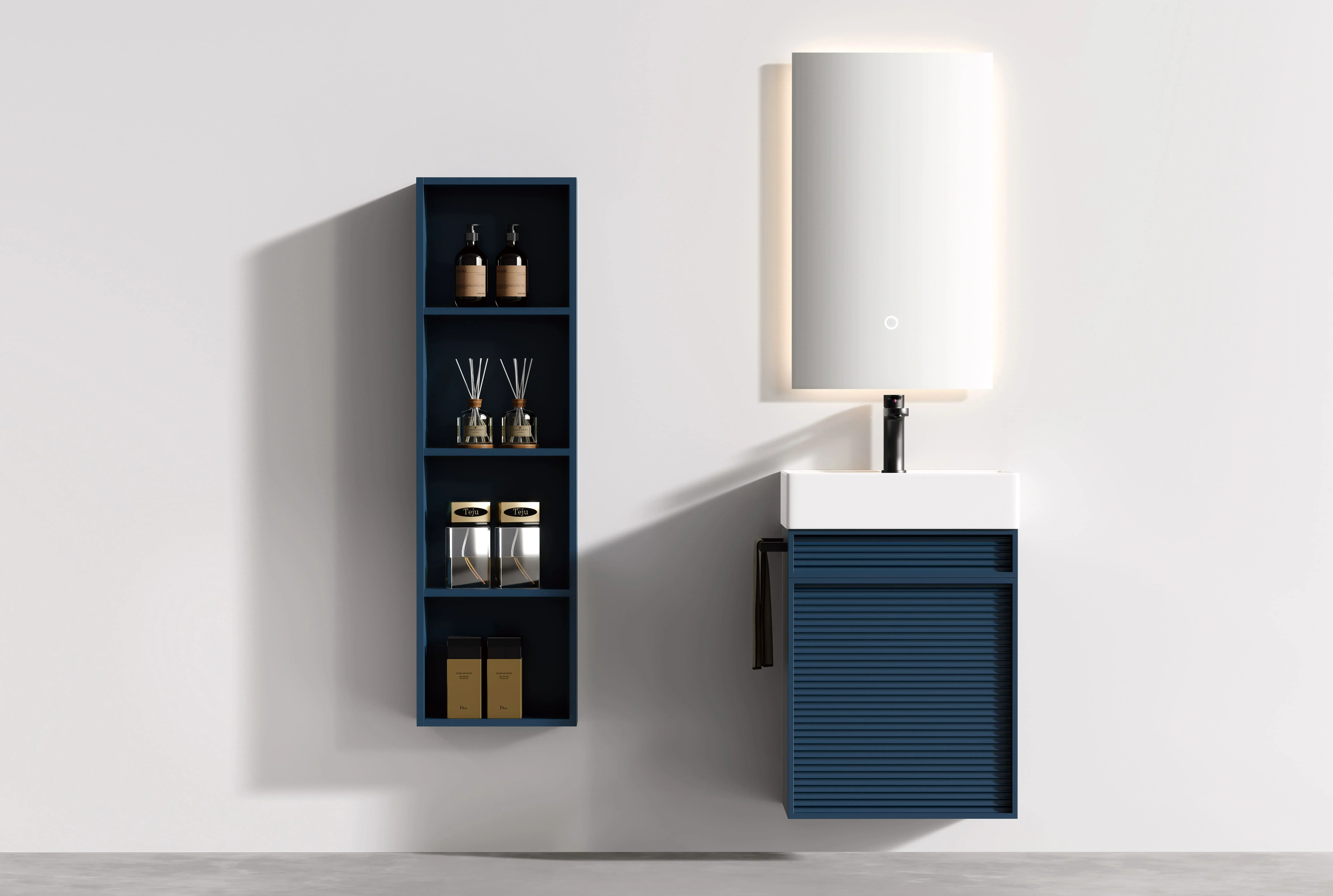 Ensemble meuble bleu nuit mat avec vasque 50x35cm et miroir LED – Piccolo
