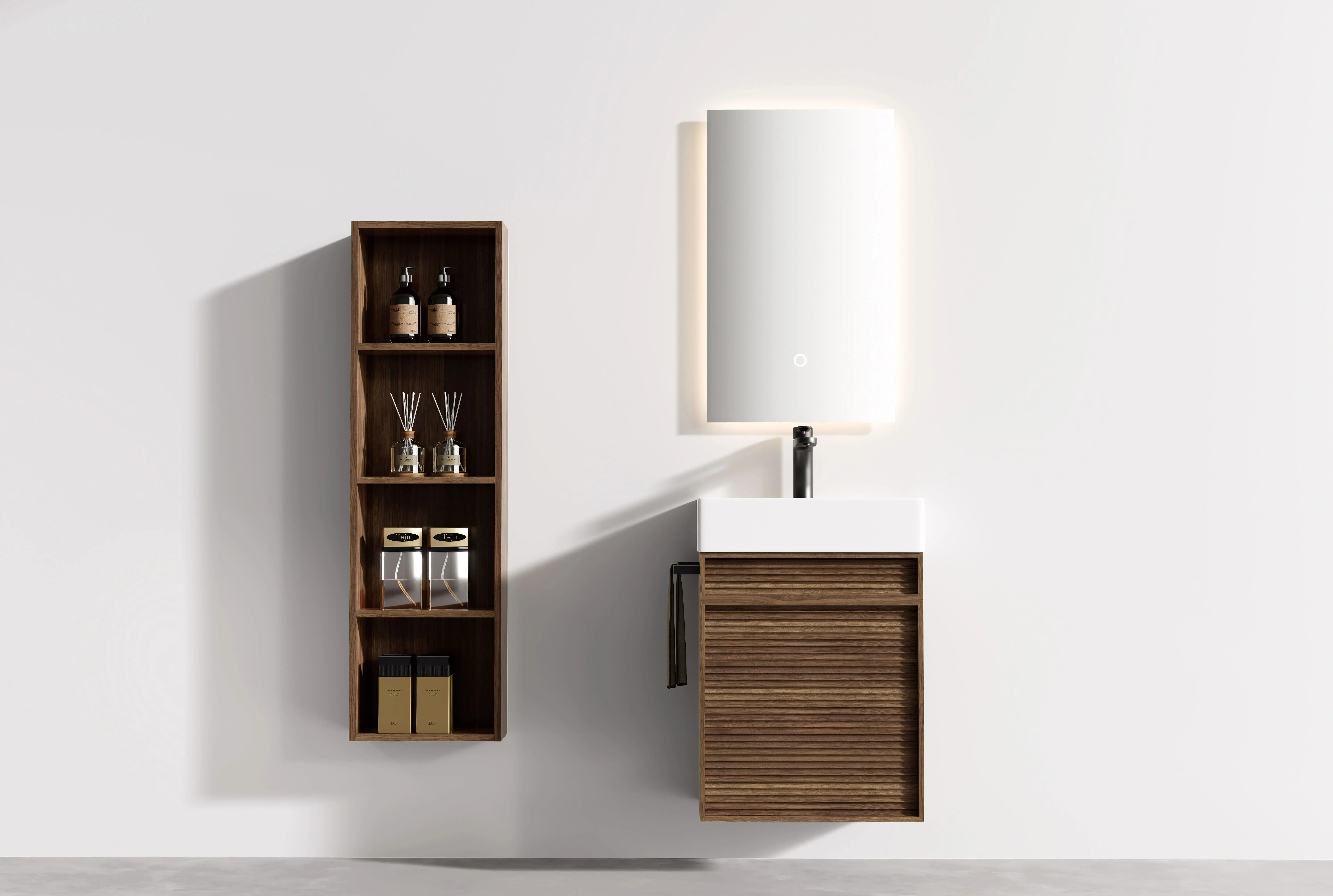 Ensemble meuble noyer avec vasque 50x35cm et miroir LED – Piccolo